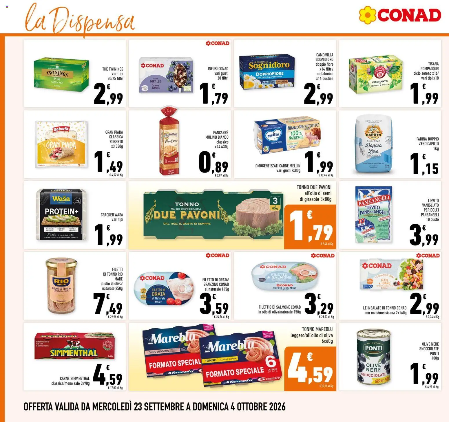 Volantino Conad del 23/09/2026 | Pagina: 14 | Prodotti: Branzino, Olio, Mais, Lievito