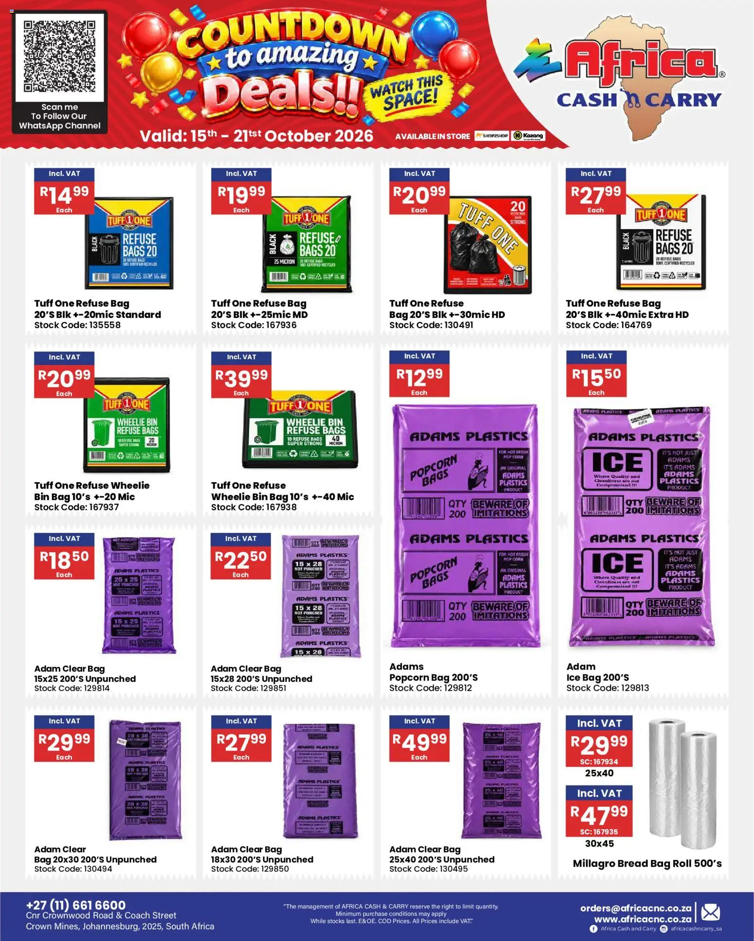 New Africa Cash & Carry catalogue – valid from 15/10/2026 | Page: 50 | Products: Bag, Popcorn, Refuse bags, Stock