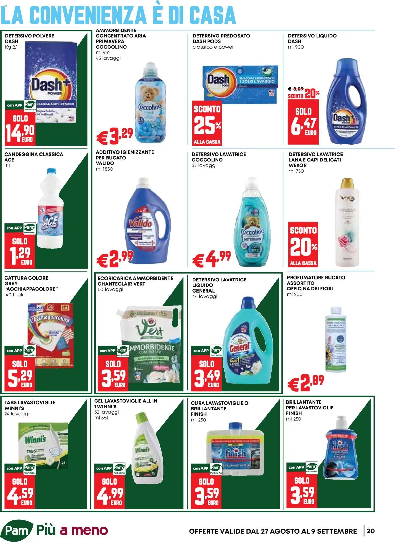 Volantino PAM del 27/08/2026 | Pagina: 20 | Prodotti: Ammorbidente, Candeggina, Lavatrice, Fiori