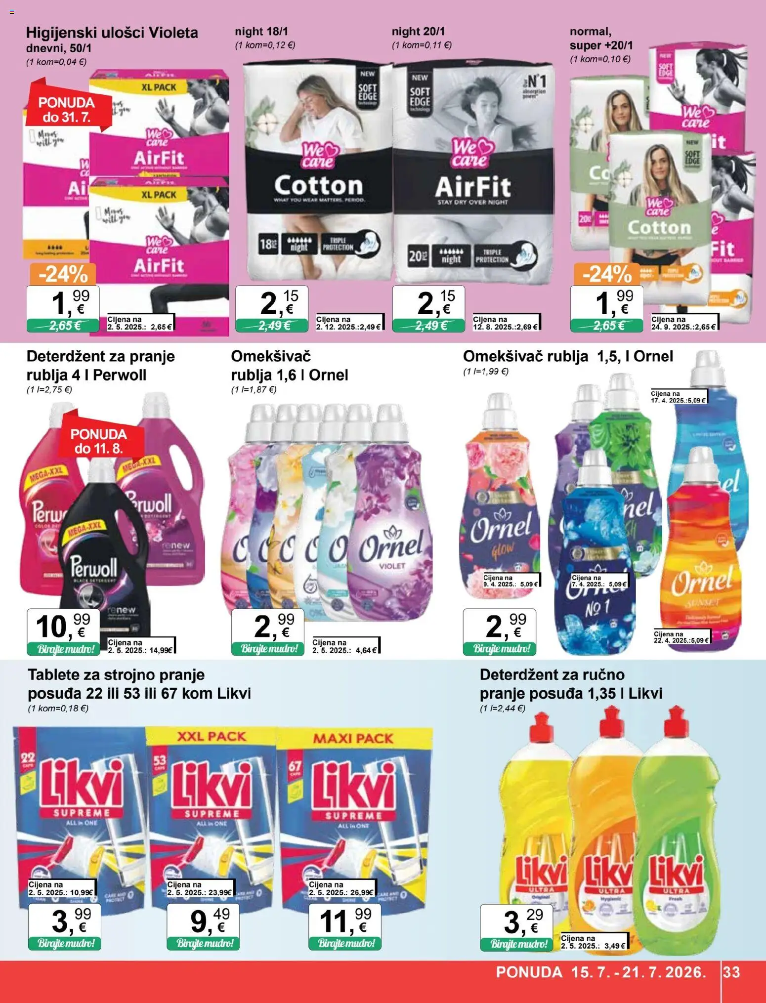 KTC katalog | vrijedi od 15.07.2026 | Stranica: 33 | Proizvodi: Higijenski ulošci, Omekšivač, Violeta, Perwoll