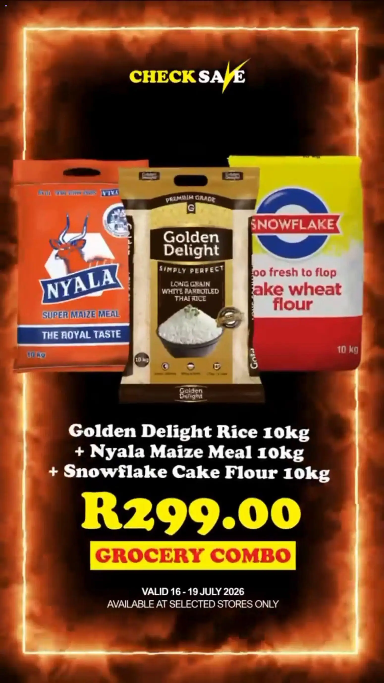 New Check Save catalogue – valid from 16/07/2026 | Page: 1 | Products: Cake, Flour, Maize meal, Rice