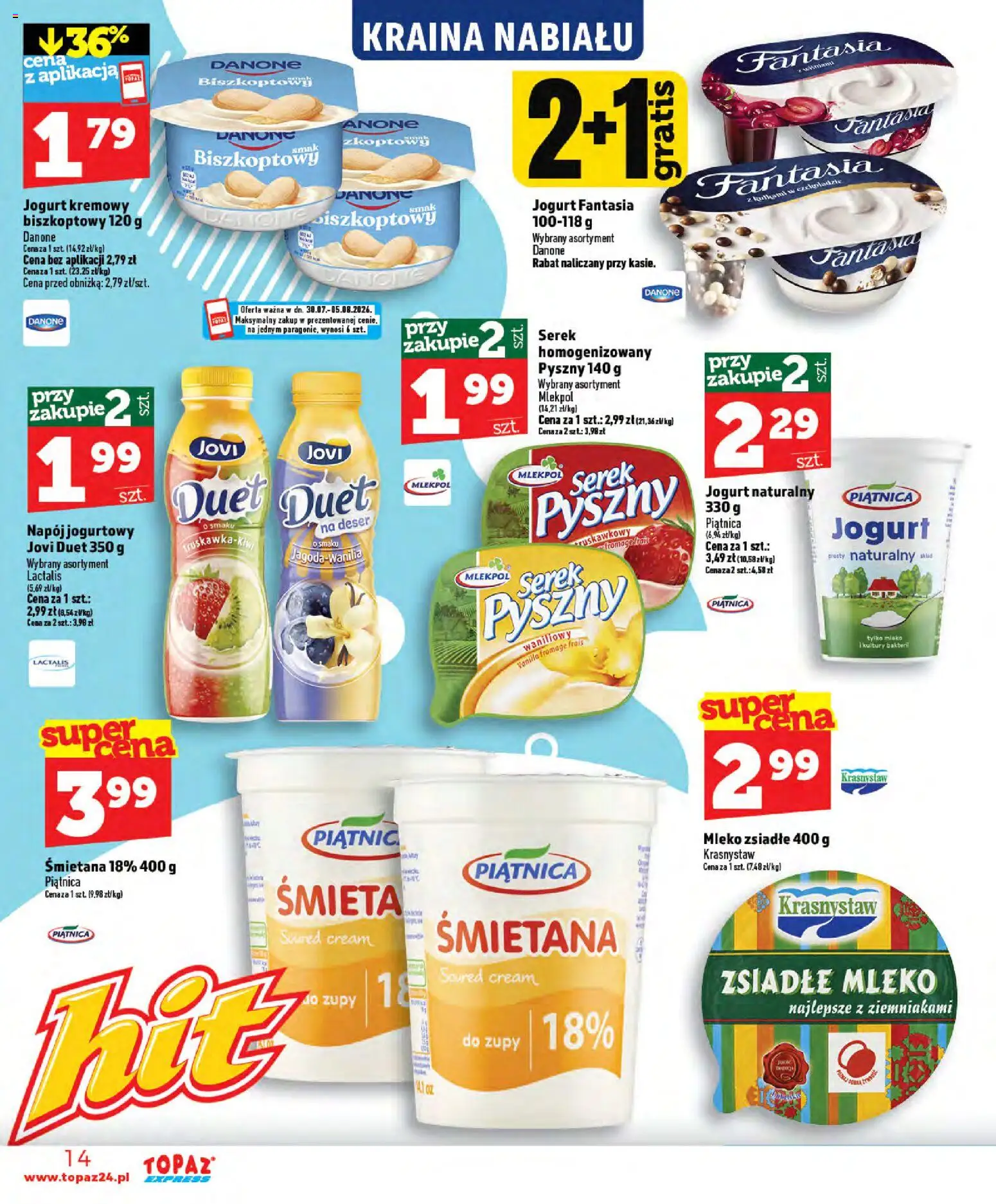 Topaz gazetka - Express od 30.07.2026 | Strona: 14 | Produkty: Serek homogenizowany, Zsiadłe mleko, Jogurt, Jogurt kremowy