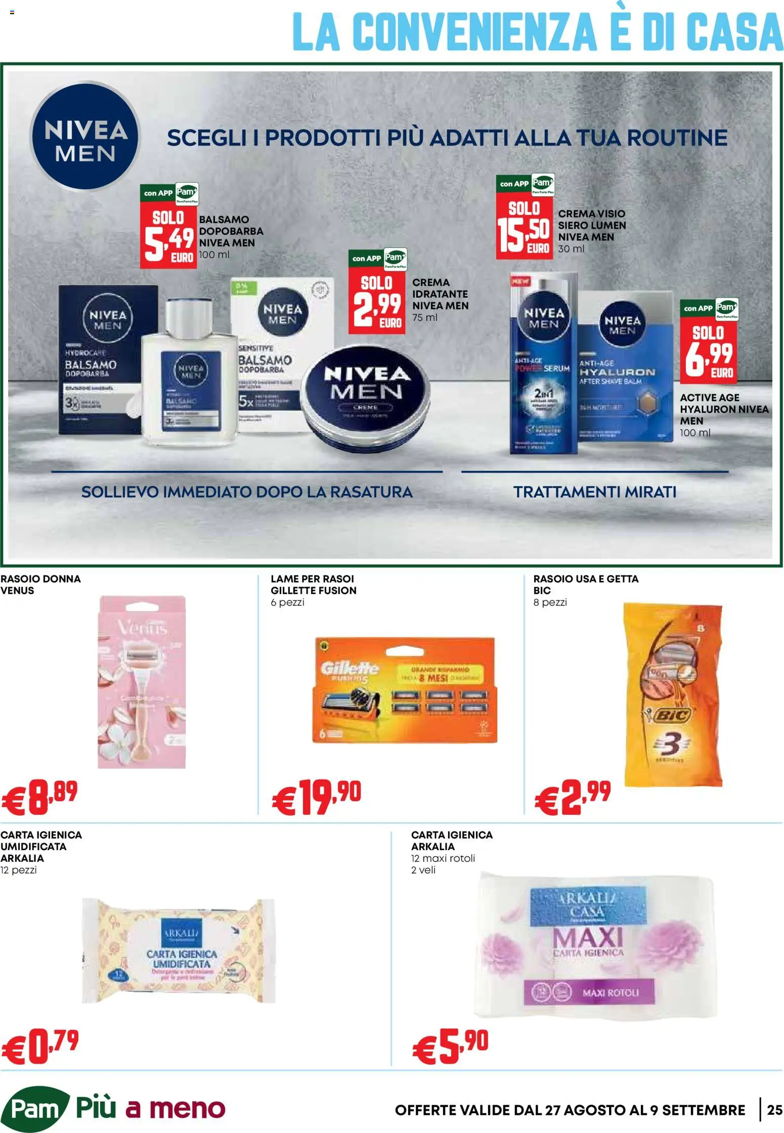 Volantino PAM del 27/08/2026 | Pagina: 25 | Prodotti: Balsamo, Crema, Dopobarba, Rasoio