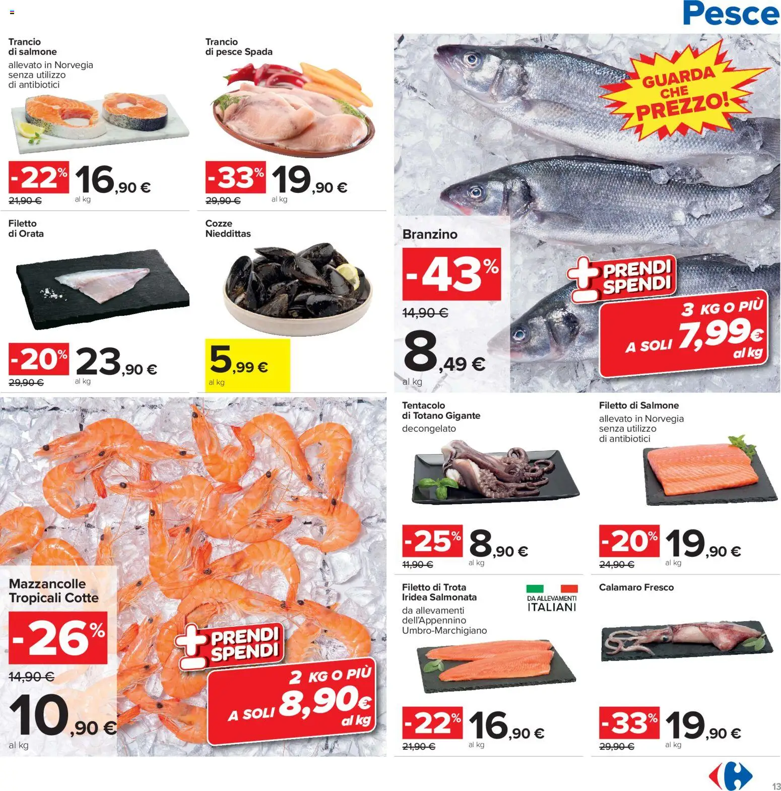 Volantino Carrefour del 15/09/2026 | Pagina: 13 | Prodotti: Filetto di salmone, Trota, Branzino, Pesce spada