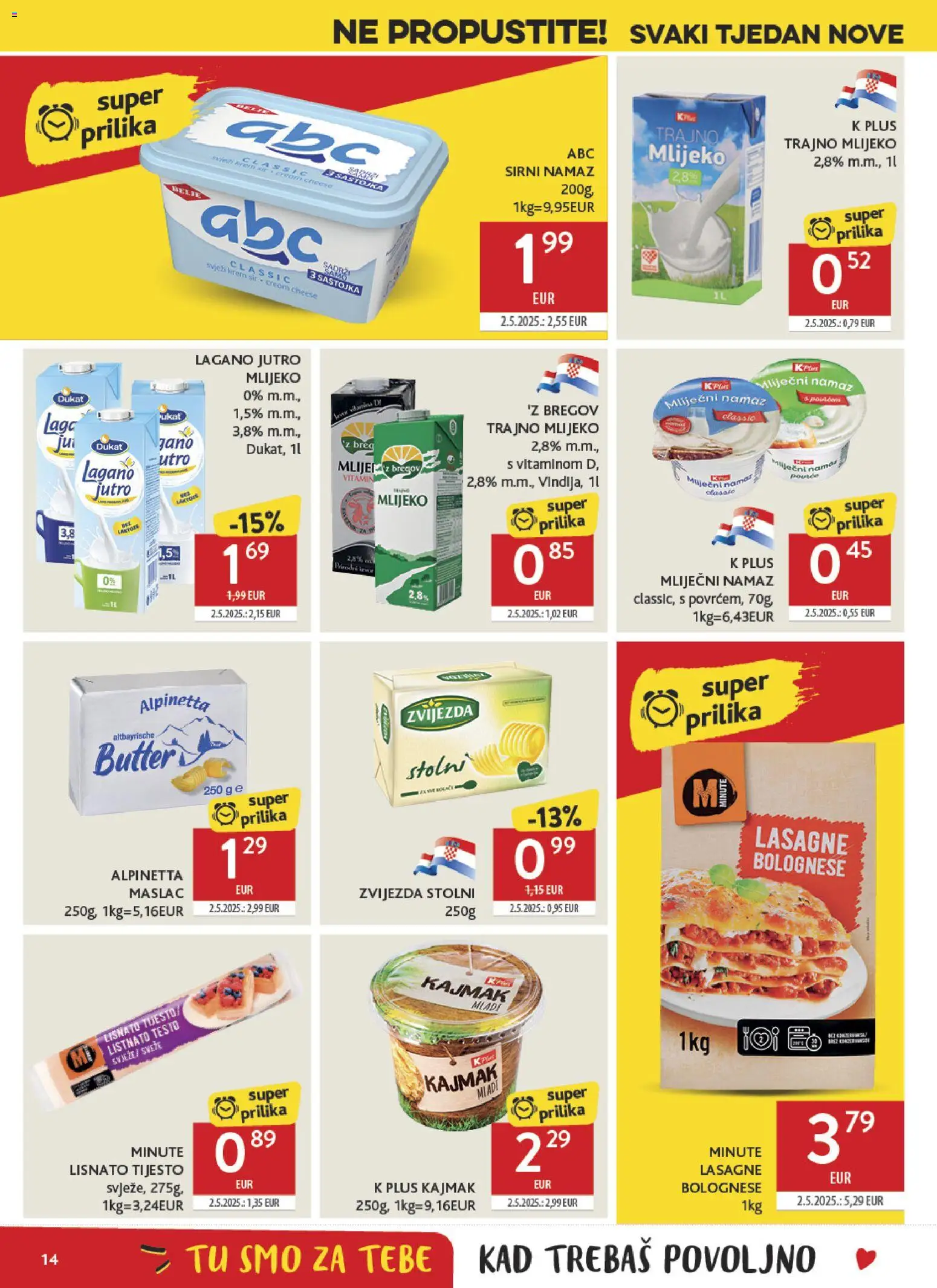 Konzum katalog | vrijedi od 29.04.2026 | Stranica: 14 | Proizvodi: Krem sir, Lasagne, Kajmak, Lisnato tijesto