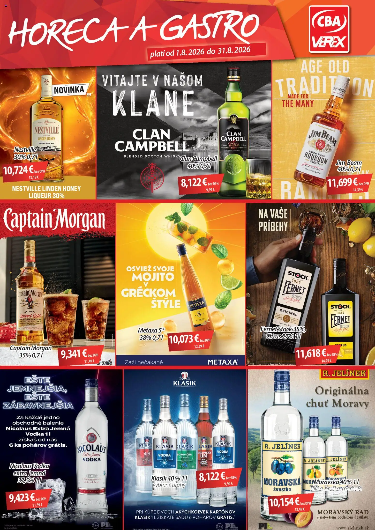 Nové CBA Verex akcie – leták je platný od 01.08.2026 | Strana: 1 | Produkty: Metaxa, Jim Beam, Borovička, Fernet