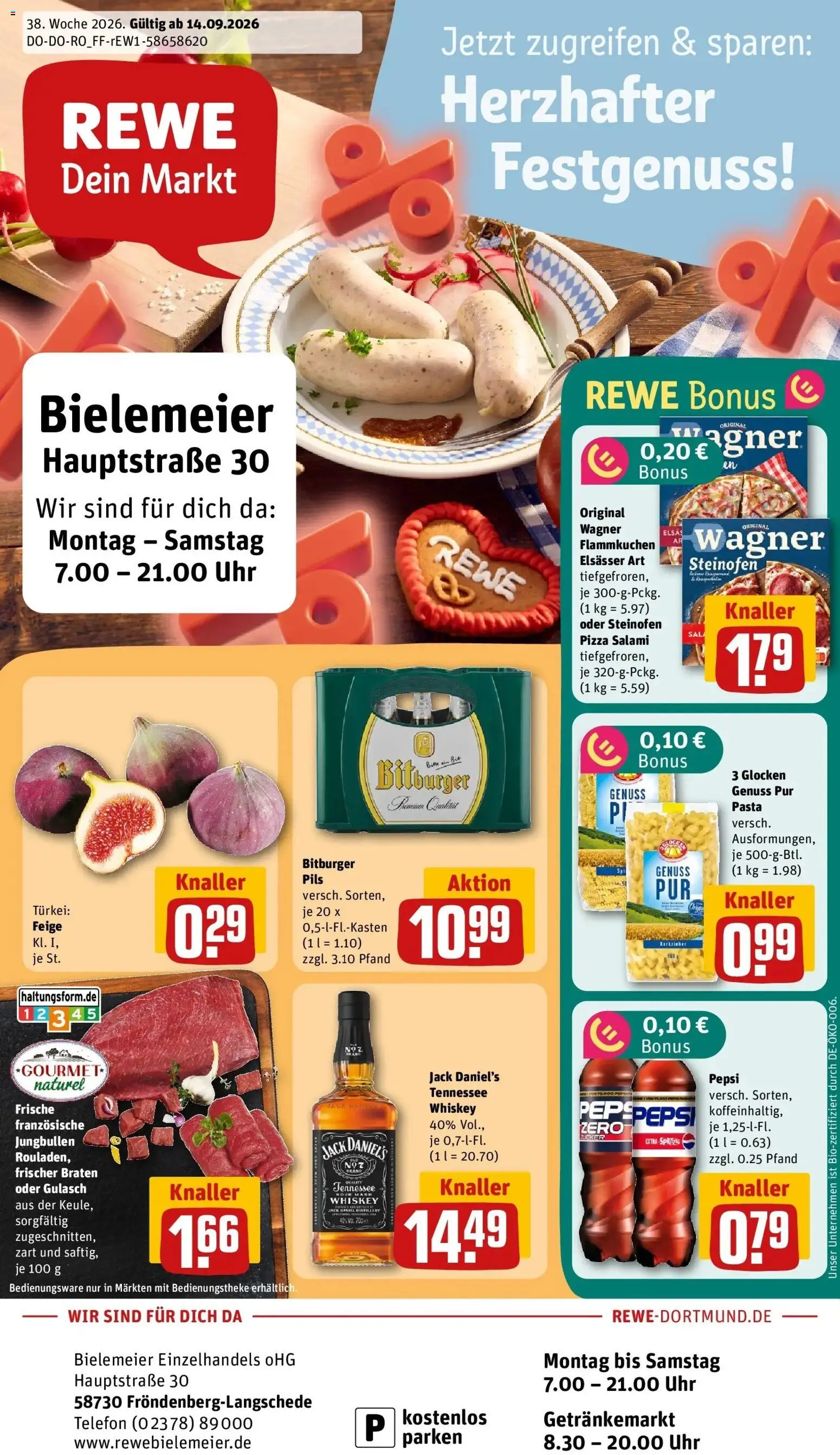 REWE Prospekt ab 14.09.2026 zum Blättern » Angebote | Seite: 1 | Produkte: Bitburger, Jack Daniel's, Salami, Uhr