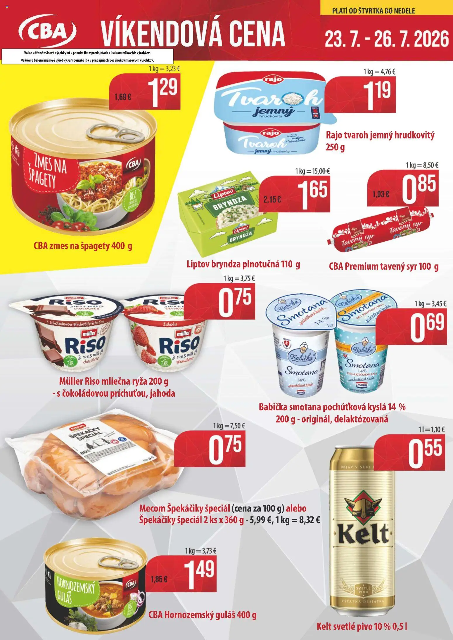 Nové Nitrazdroj akcie – leták je platný od 23.07.2026 | Strana: 1 | Produkty: Pivo, Ryža, Bryndza, Špagety