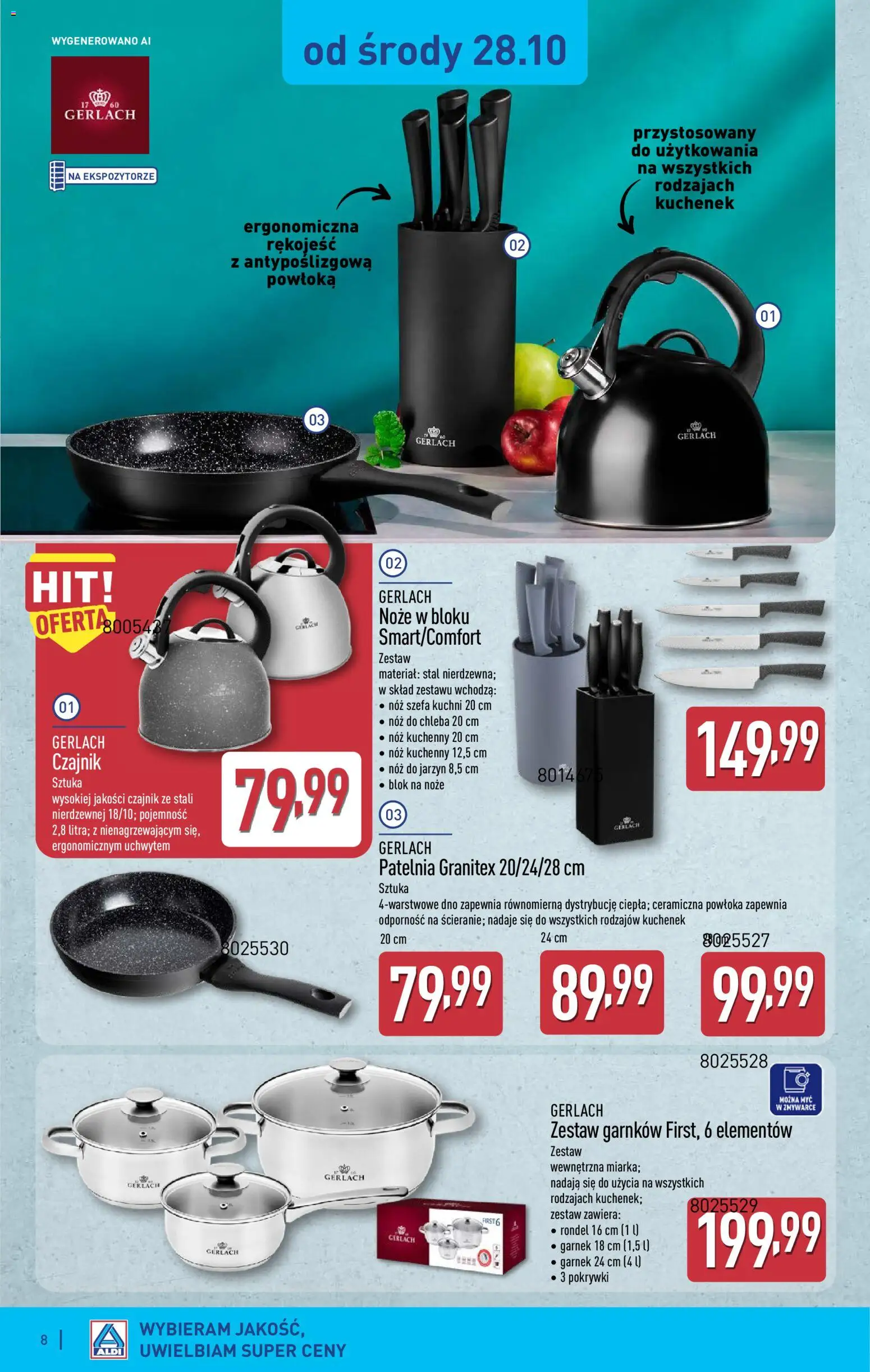 Aldi gazetka - Artykuły przemysłowe i tekstylia od 28.10.2026 | Strona: 8 | Produkty: Noże, Czajnik, Garnek, Patelnia