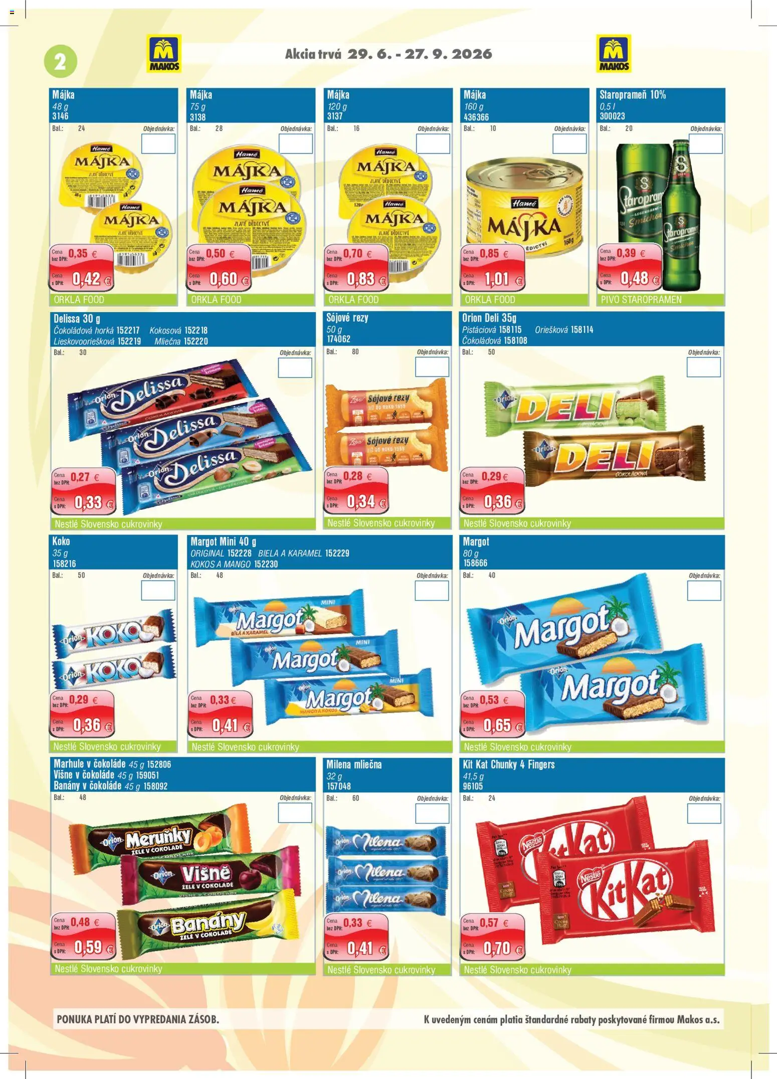 Nové Makos akcie – leták je platný od 29.06.2026 | Strana: 2 | Produkty: Banány v čokoláde, Staropramen, Višne, Marhule