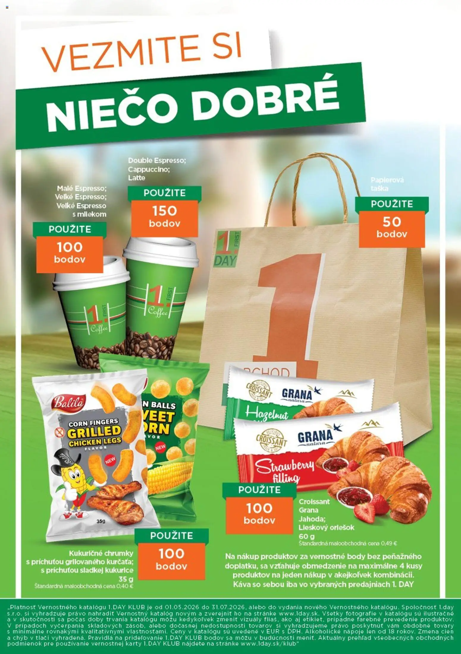 Nové 1day akcie – leták je platný od 01.05.2026 | Strana: 8 | Produkty: Káva, Croissant, Taška