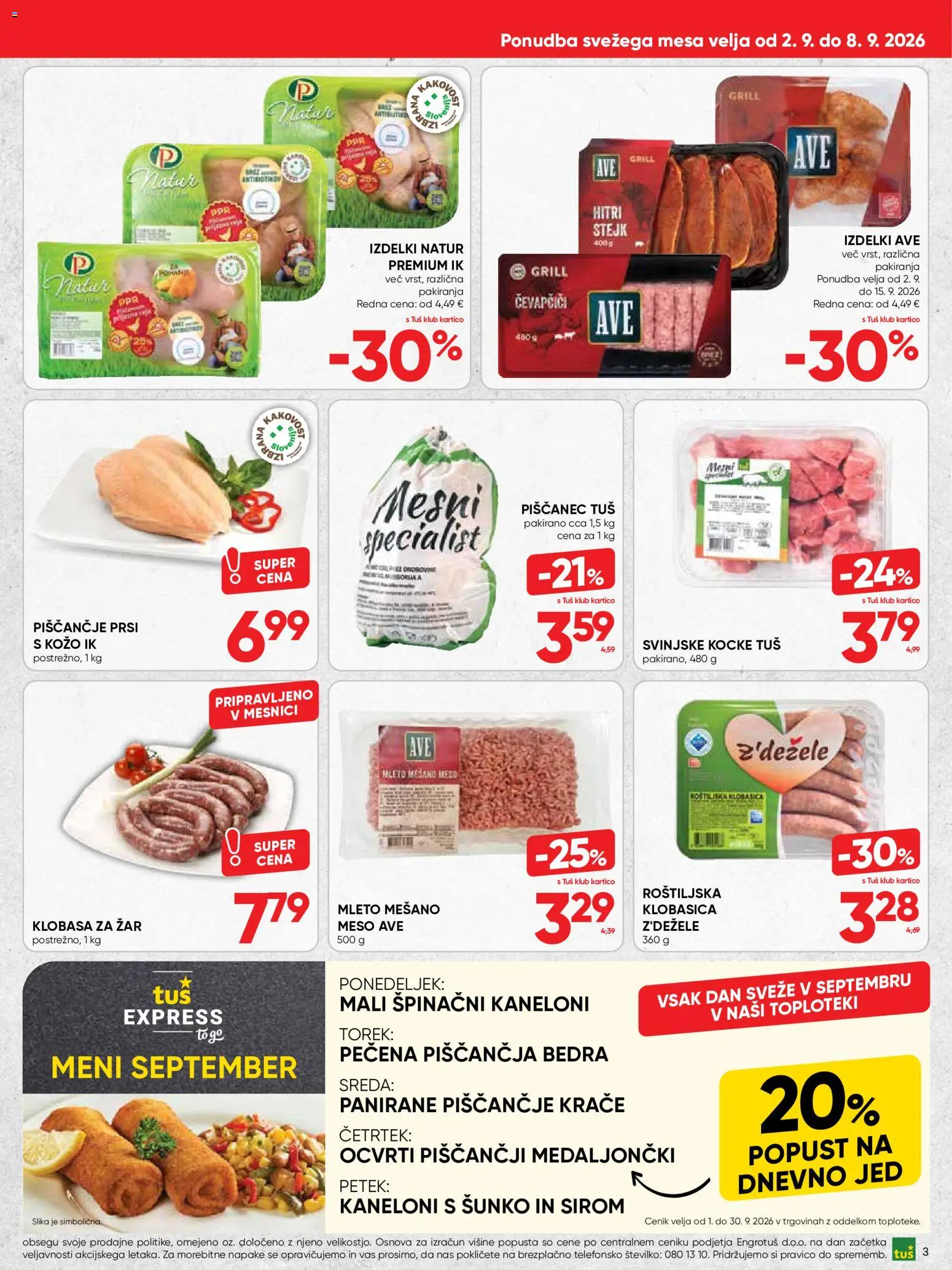 Novi Tuš katalog ponudbe – veljaven od 02.09.2026 | Stran: 3 | Izdelki: Čevapčiči, Zar, Piščančja bedra, Grill