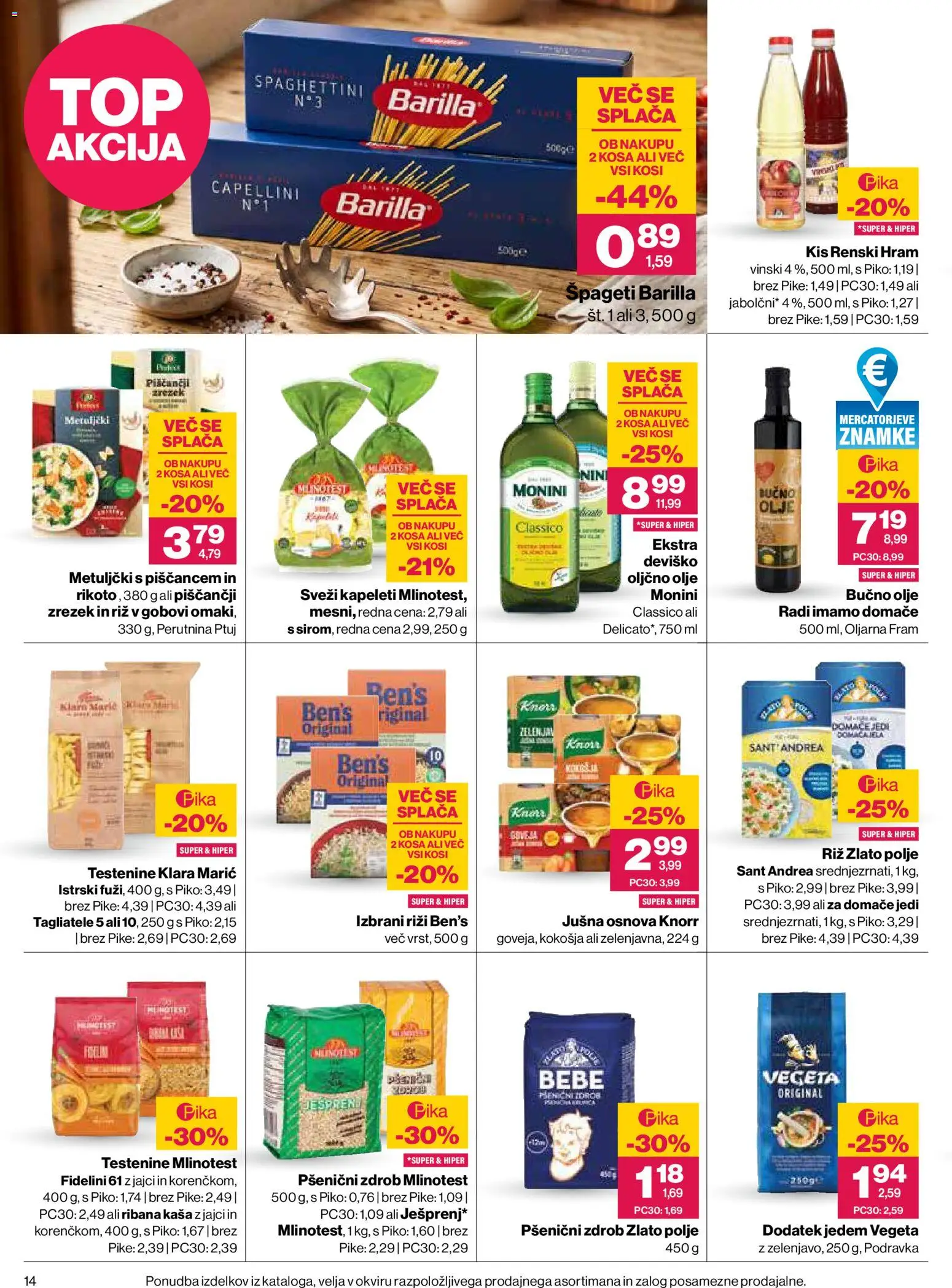 Novi Mercator katalog ponudbe – veljaven od 22.10.2026 | Stran: 14 | Izdelki: Kis, Olive, Olje, Testenine