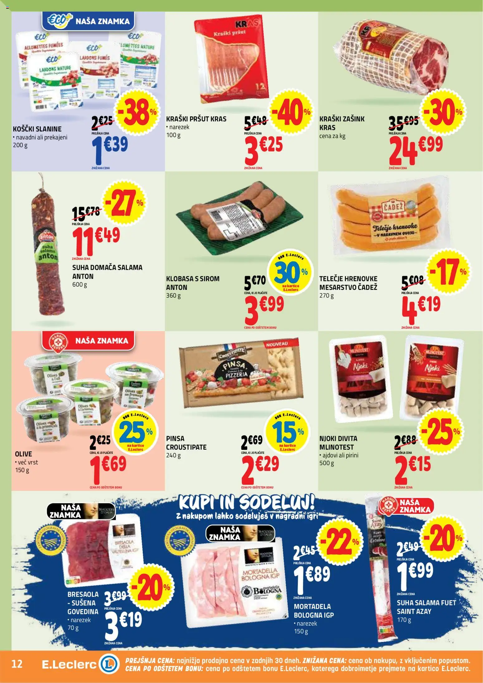 Novi E.leclerc katalog ponudbe – veljaven od 02.09.2026 | Stran: 12 | Izdelki: Hrenovke, Pršut, Mortadela, Njoki