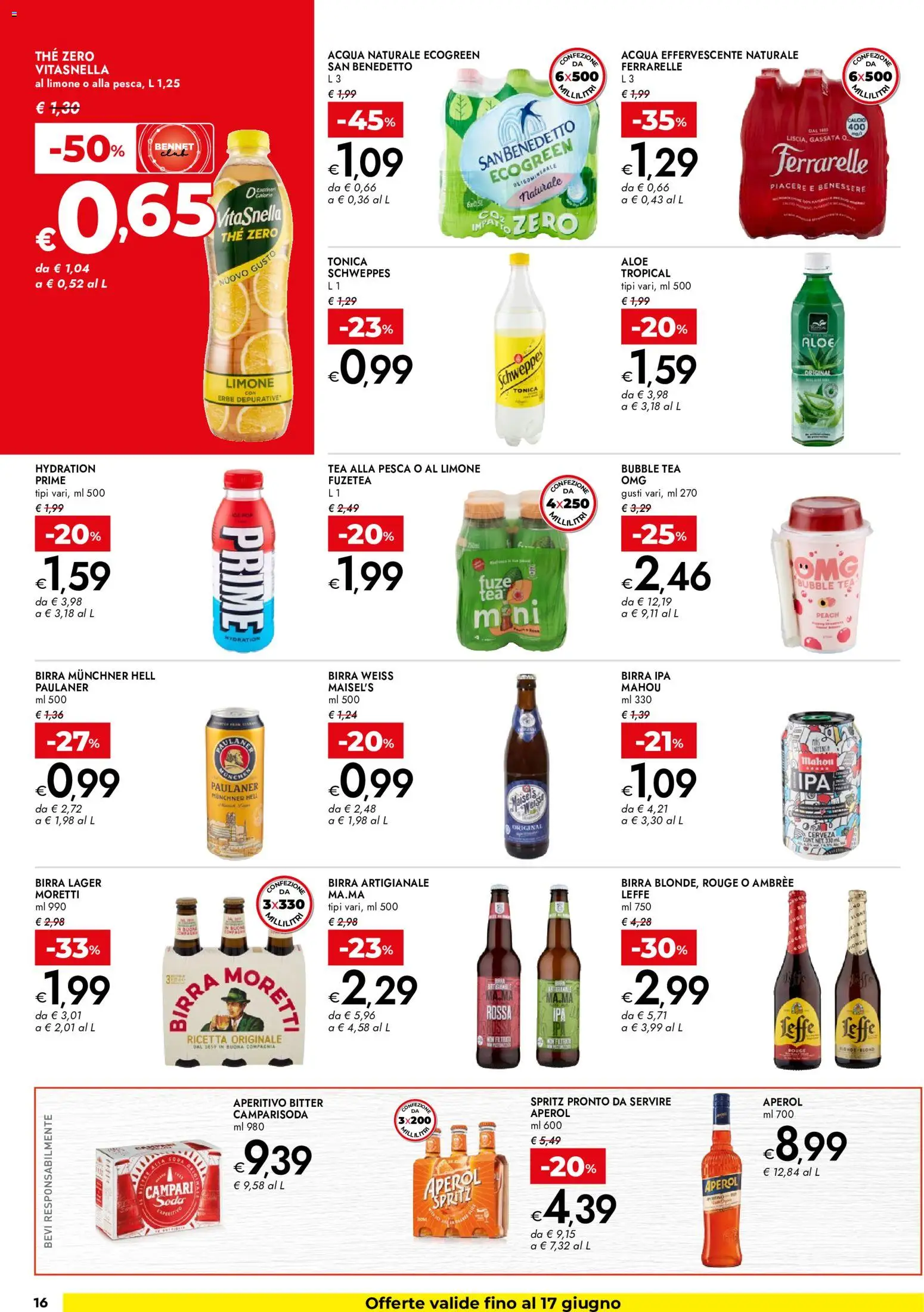 Volantino bennet del 04.06.2026 | Pagina: 16 | Prodotti: Birra, Pesca, The, Aperitivo