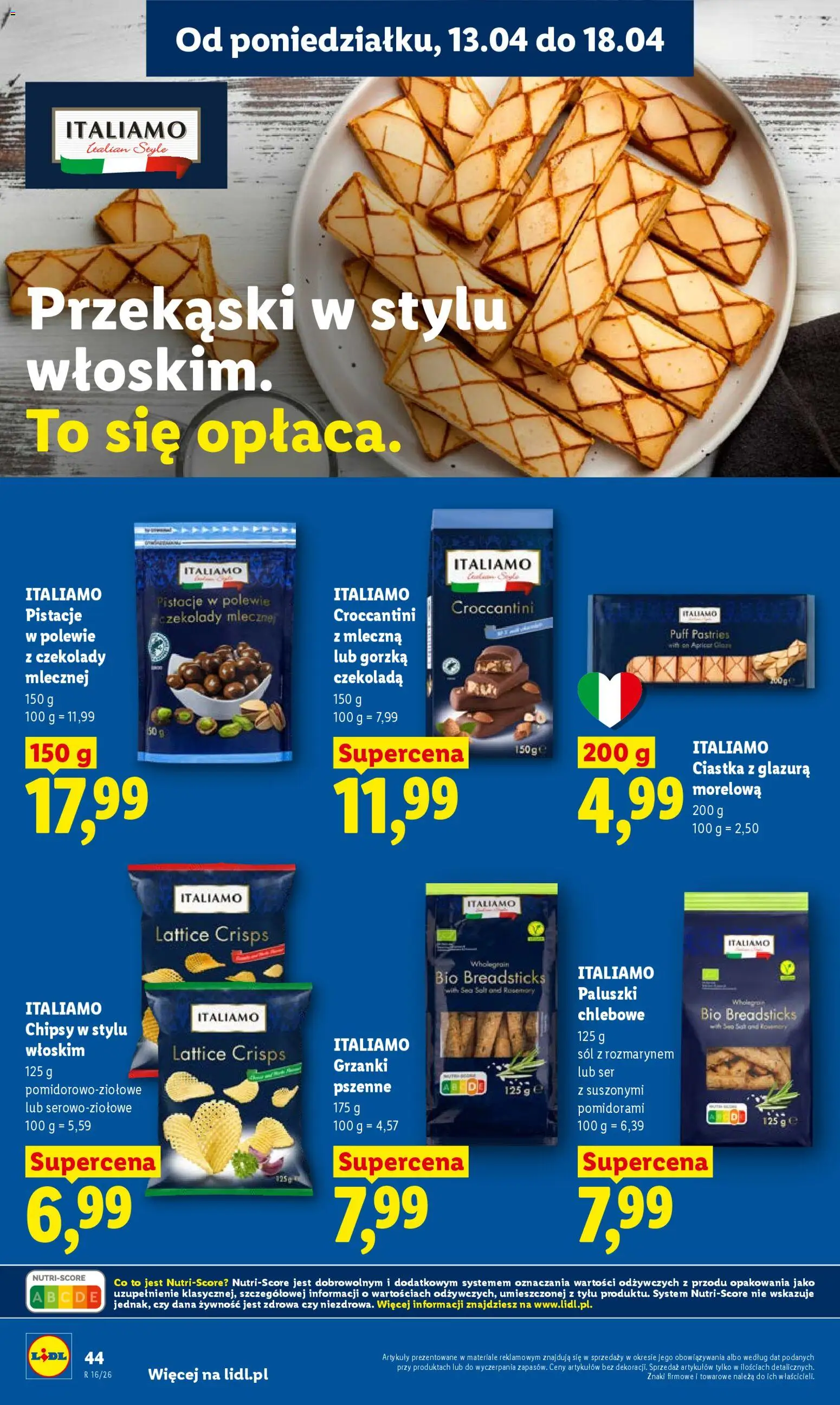 Lidl gazetka od 13.04.2026 | Strona: 44 | Produkty: Chipsy, Paluszki chlebowe, Ciastka, Sól