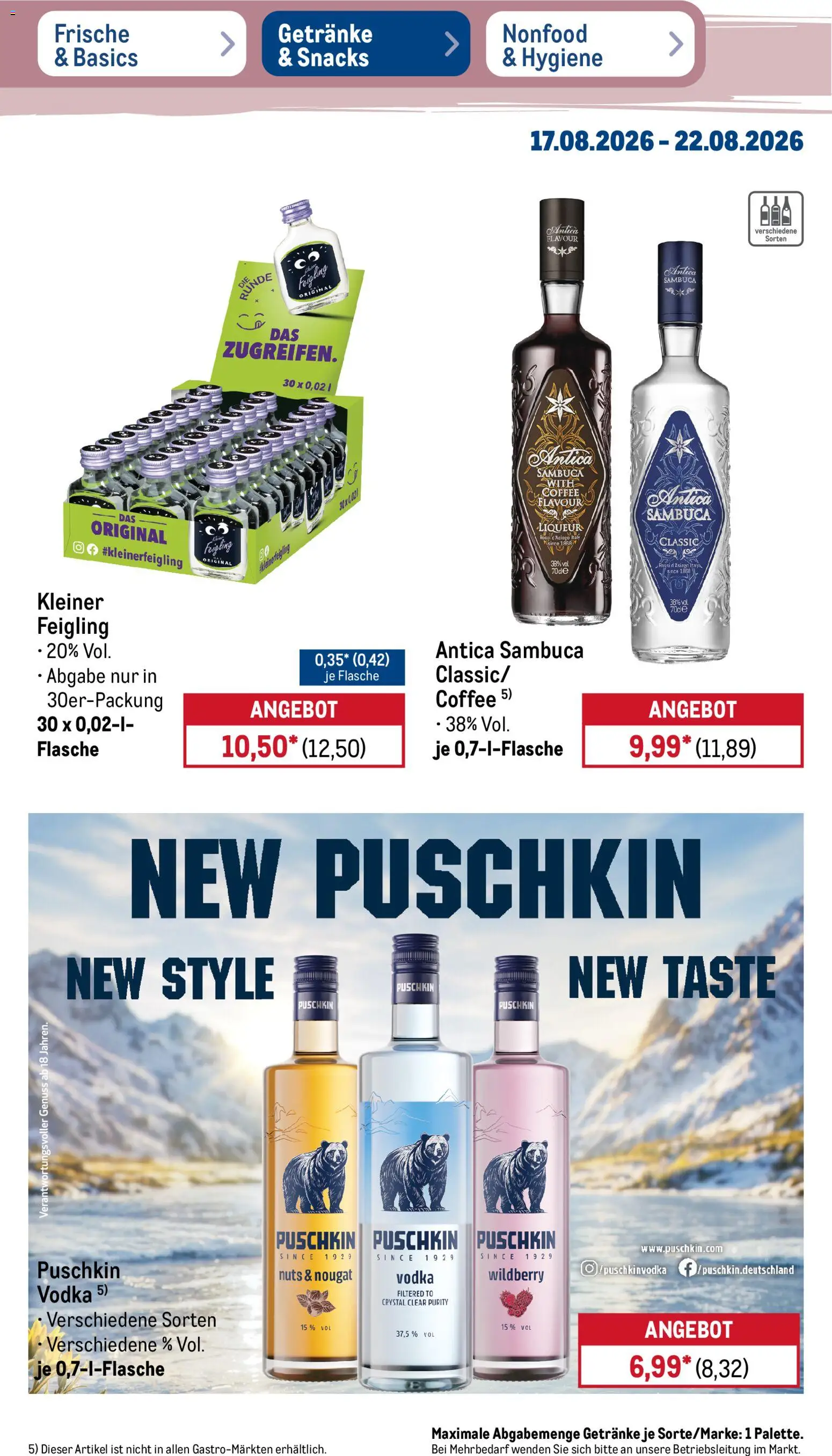 Metro Prospekt – gültig ab 17.08.2026 | Seite: 33 | Produkte: Kleiner feigling, Sambuca, Vodka