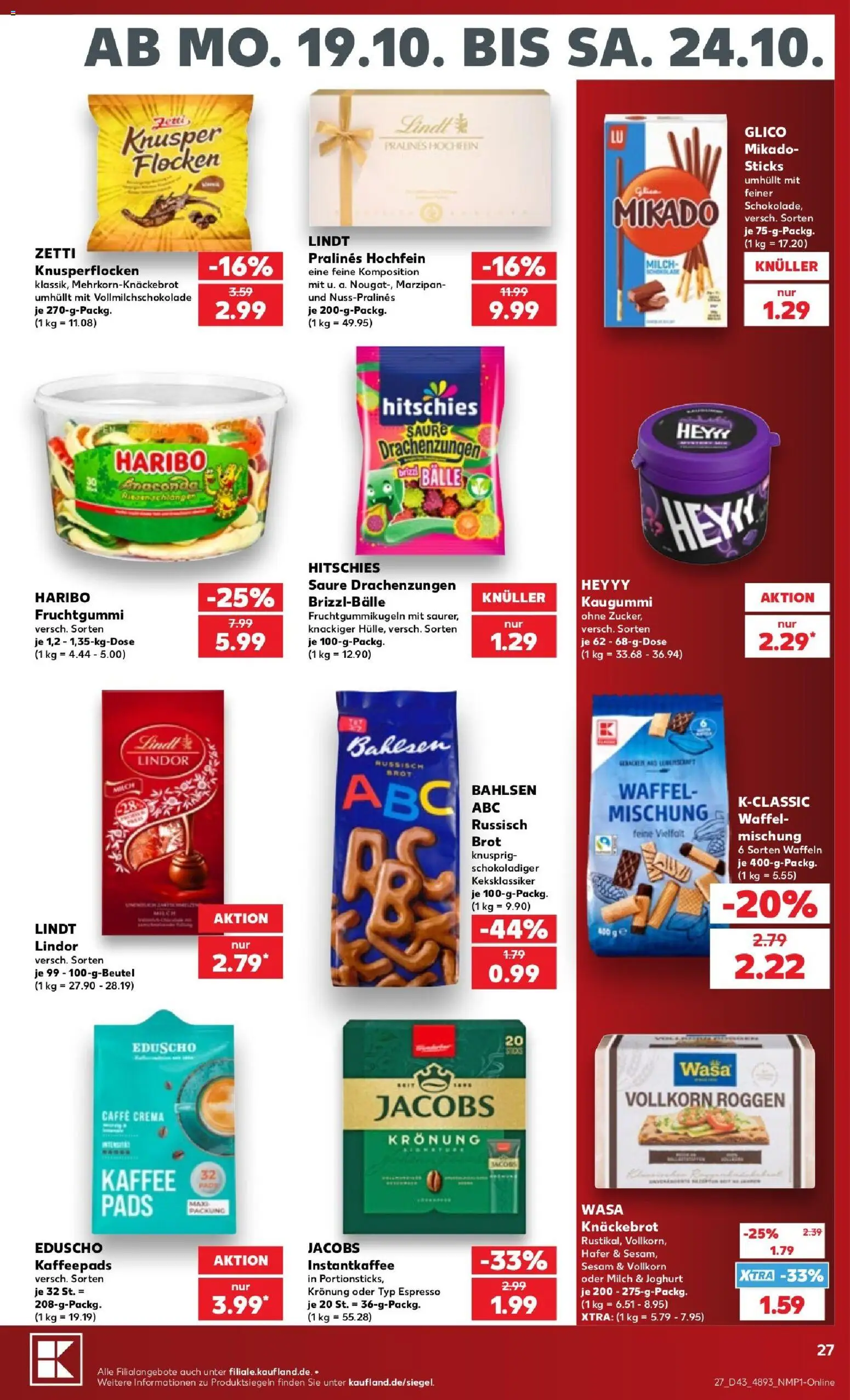 Kaufland Prospekt Potsdam – gültig ab 19.10.2026 | Seite: 27 | Produkte: Kaffeepads, Haribo, Brot, Lindt