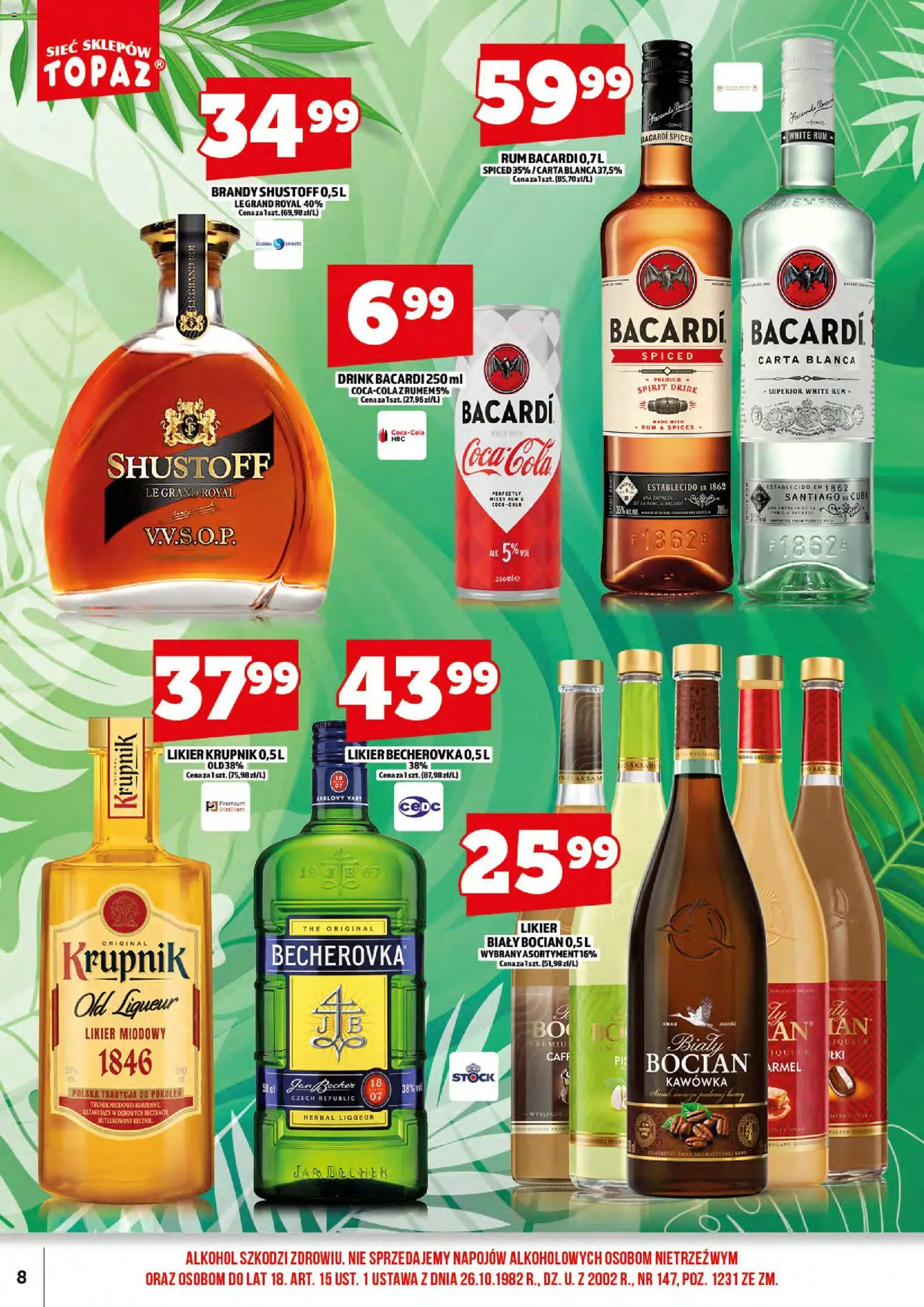 Topaz gazetka alkoholowa od 01.07.2026 | Strona: 10 | Produkty: Rum Bacardi, Becherovka, Bacardi spiced, Rum