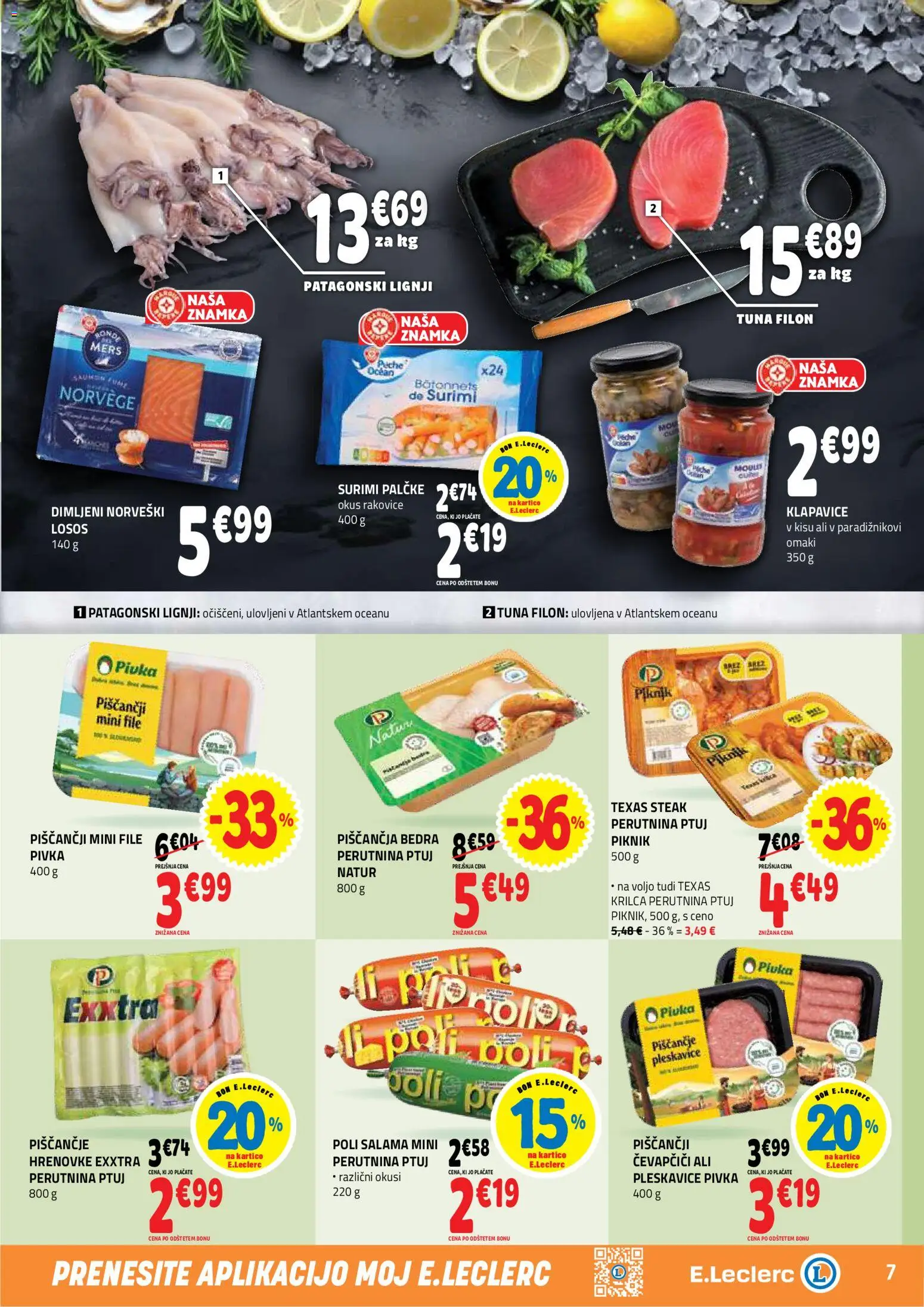 Novi E.leclerc katalog ponudbe – veljaven od 22.07.2026 | Stran: 7 | Izdelki: Hrenovke, Lignji, Losos, Klapavice