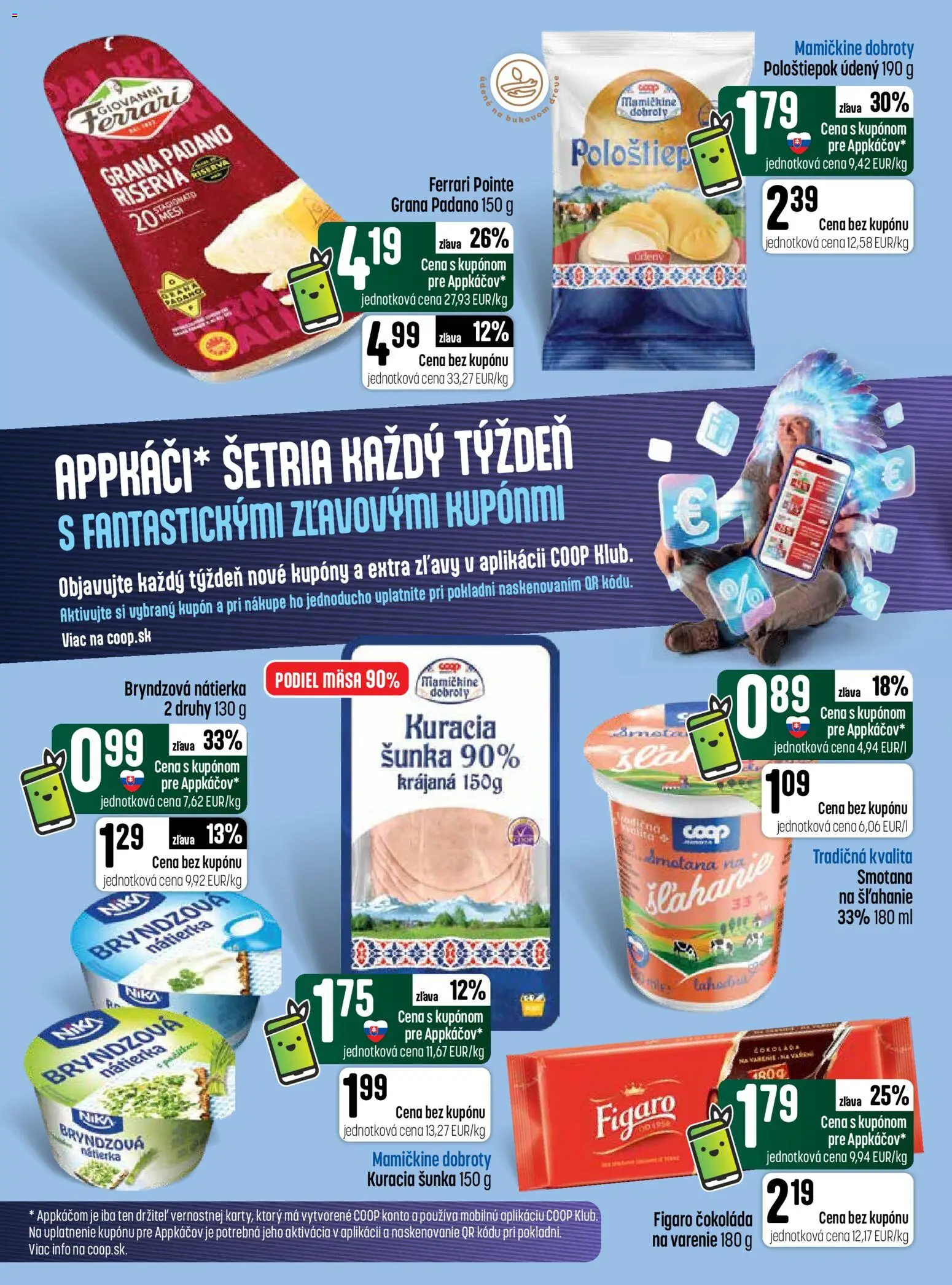 Nové COOP Jednota akcie – leták je platný od 29.10.2026 | Strana: 4 | Produkty: Šunka, Smotana, Grana Padano, Čokoláda