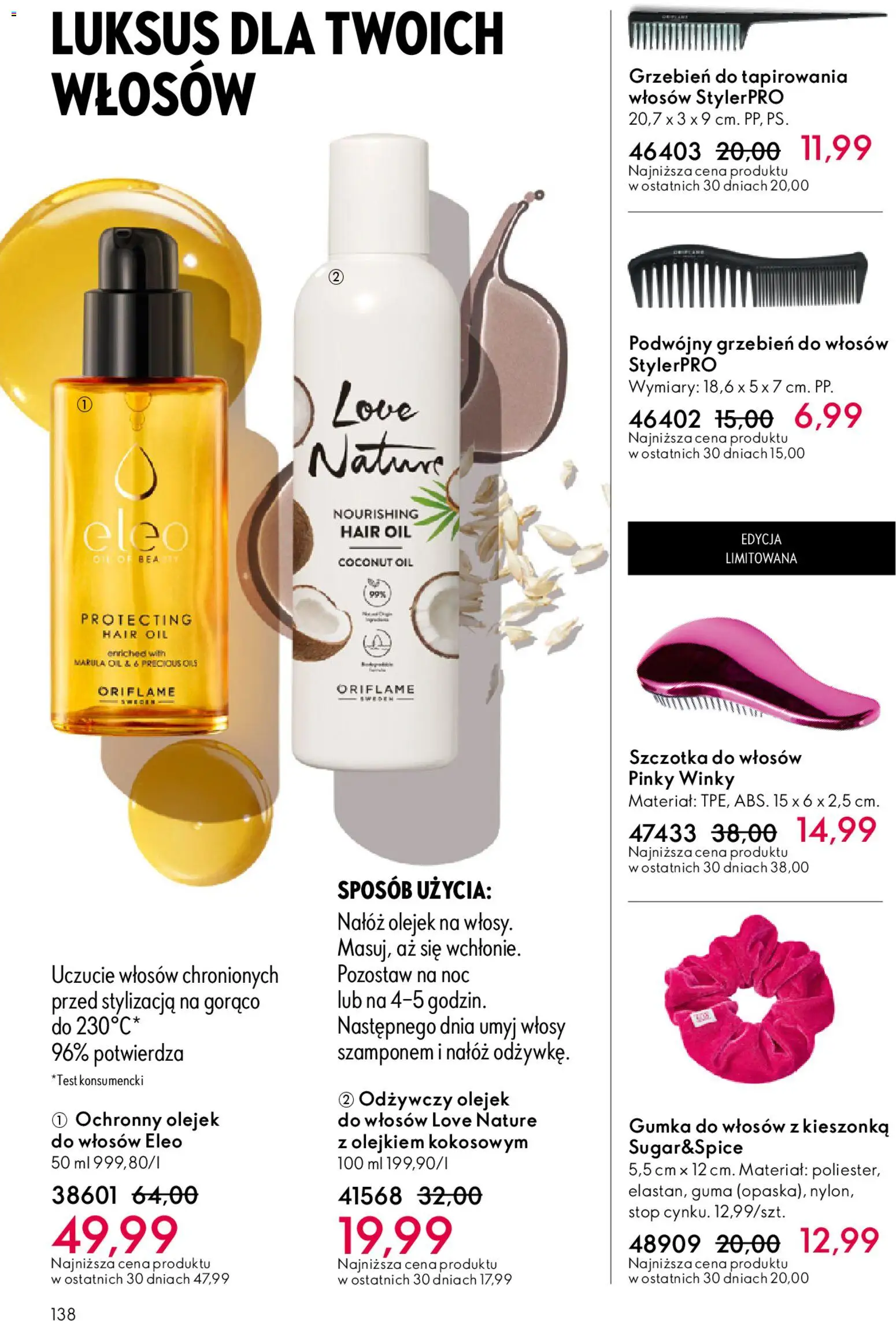 Oriflame Katalog 7 2026 od 06.05.2026 | Strona: 138 | Produkty: Szczotka, Olejek do włosów, Grzebień