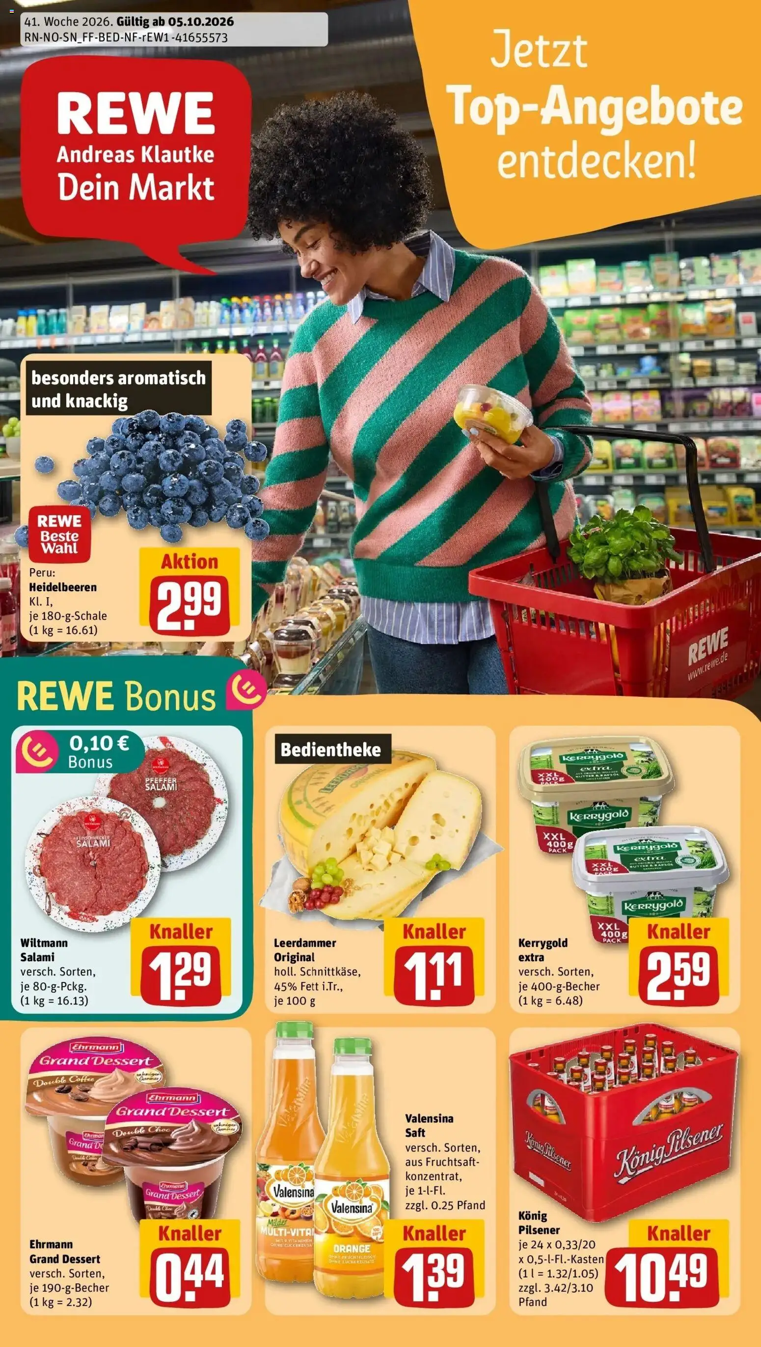 REWE Prospekt ab 05.10.2026 zum Blättern » Angebote | Seite: 1 | Produkte: Butter, Heidelbeeren, Valensina, Saft