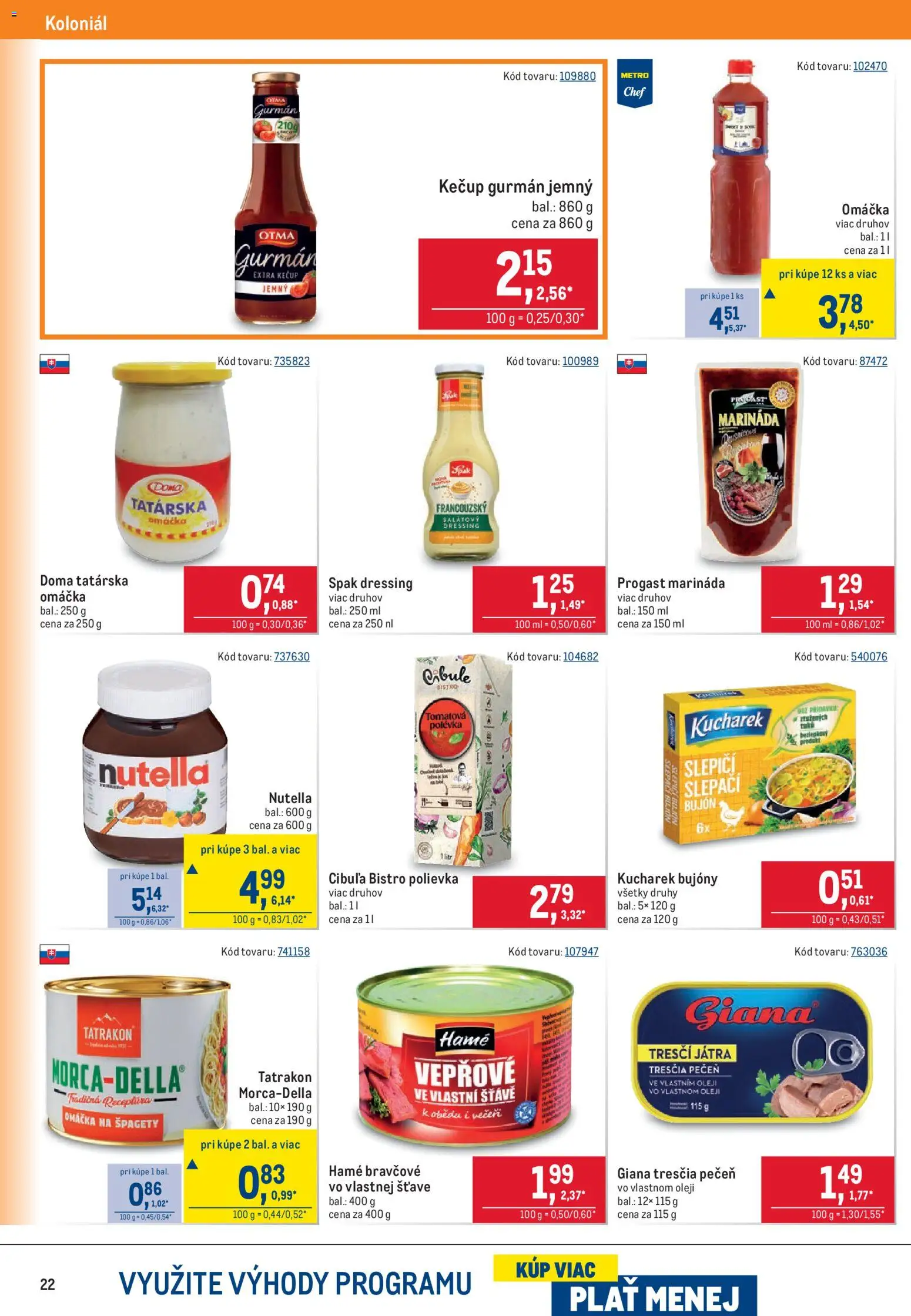 Nové Metro akcie – leták je platný od 15.07.2026 | Strana: 22 | Produkty: Bujón, Kečup, Nutella, Špagety