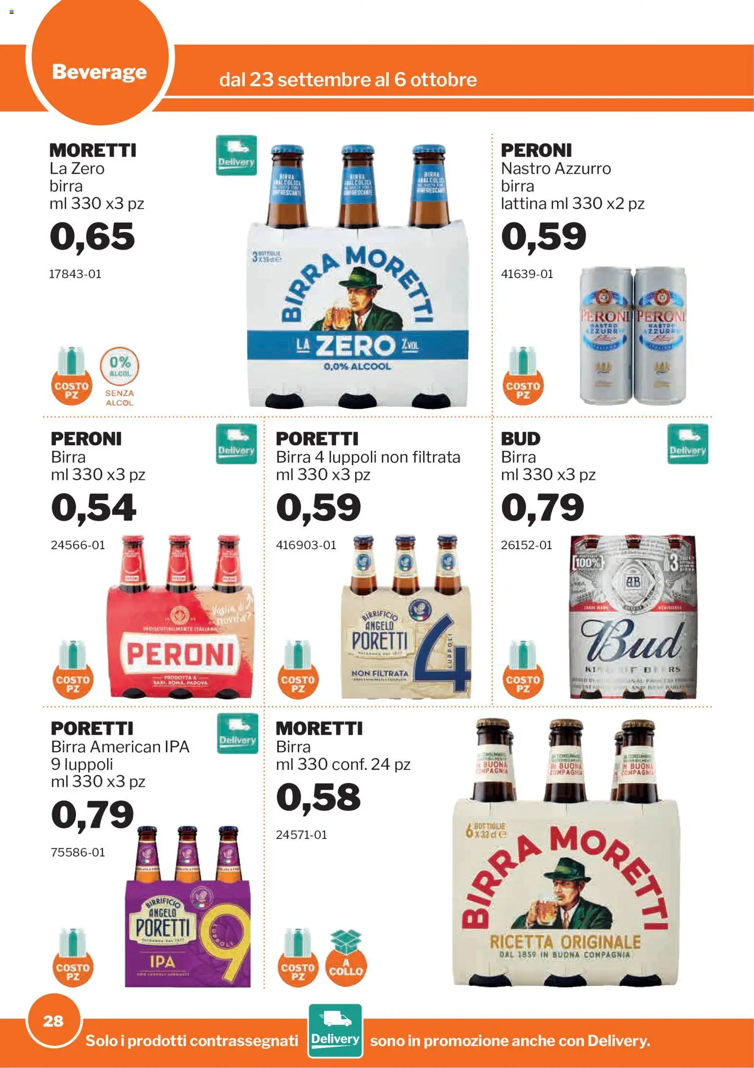 Volantino Sogegross del 23/09/2026 | Pagina: 28 | Prodotti: Alcol, Birra, Birra Moretti, Collo