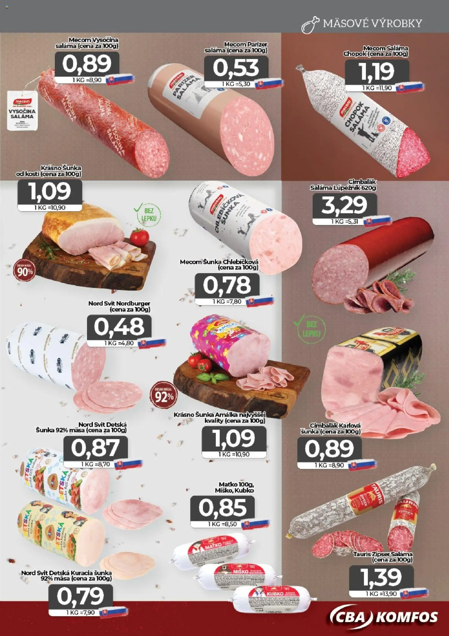 Nové CBA Komfos akcie – leták je platný od 17.07.2026 | Strana: 3 | Produkty: Saláma, Šunka, Kuracia šunka