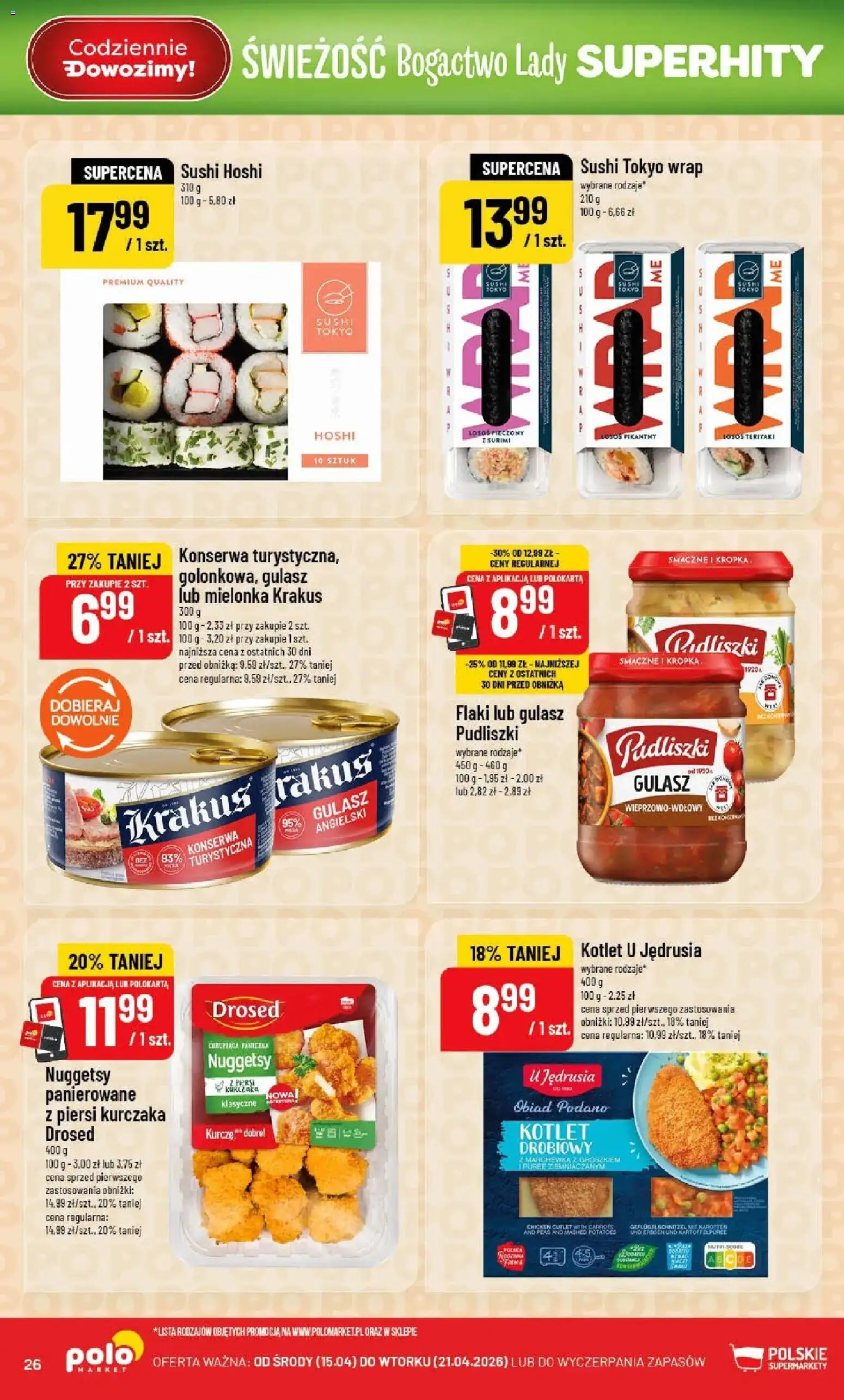 POLOmarket gazetka od 15.04.2026 | Strona: 26 | Produkty: Piersi, Łosoś, Flaki, Sushi