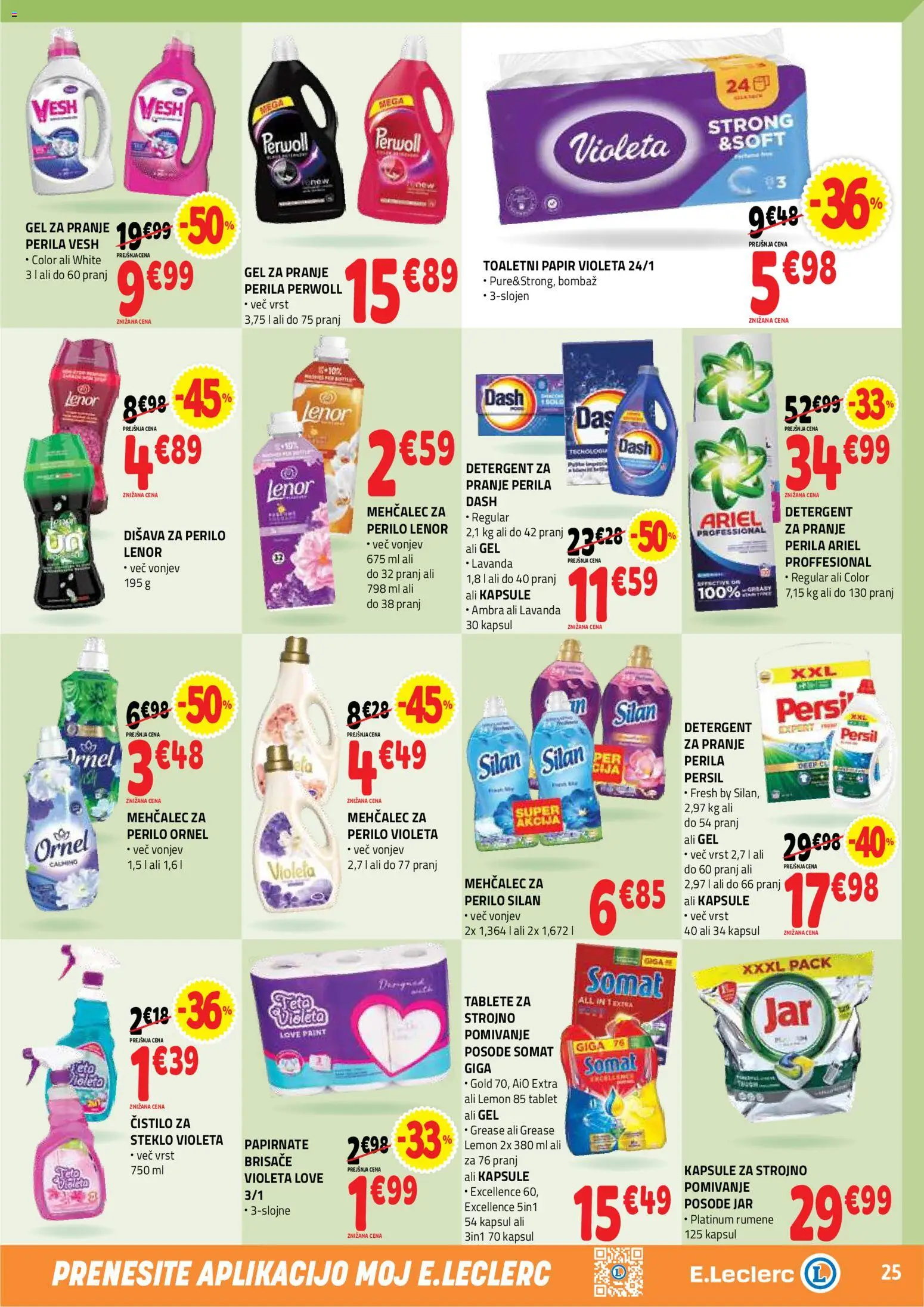 Novi E.leclerc katalog ponudbe – veljaven od 22.07.2026 | Stran: 25 | Izdelki: Mehčalec, Toaletni papir, Disava, Detergent
