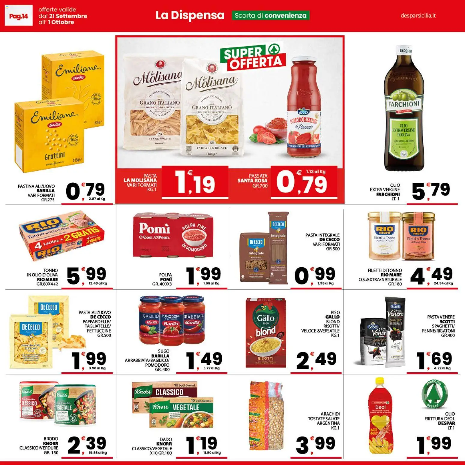 Volantino Despar del 21/09/2026 | Pagina: 14 | Prodotti: Olio, Barilla, Arachidi, Penne