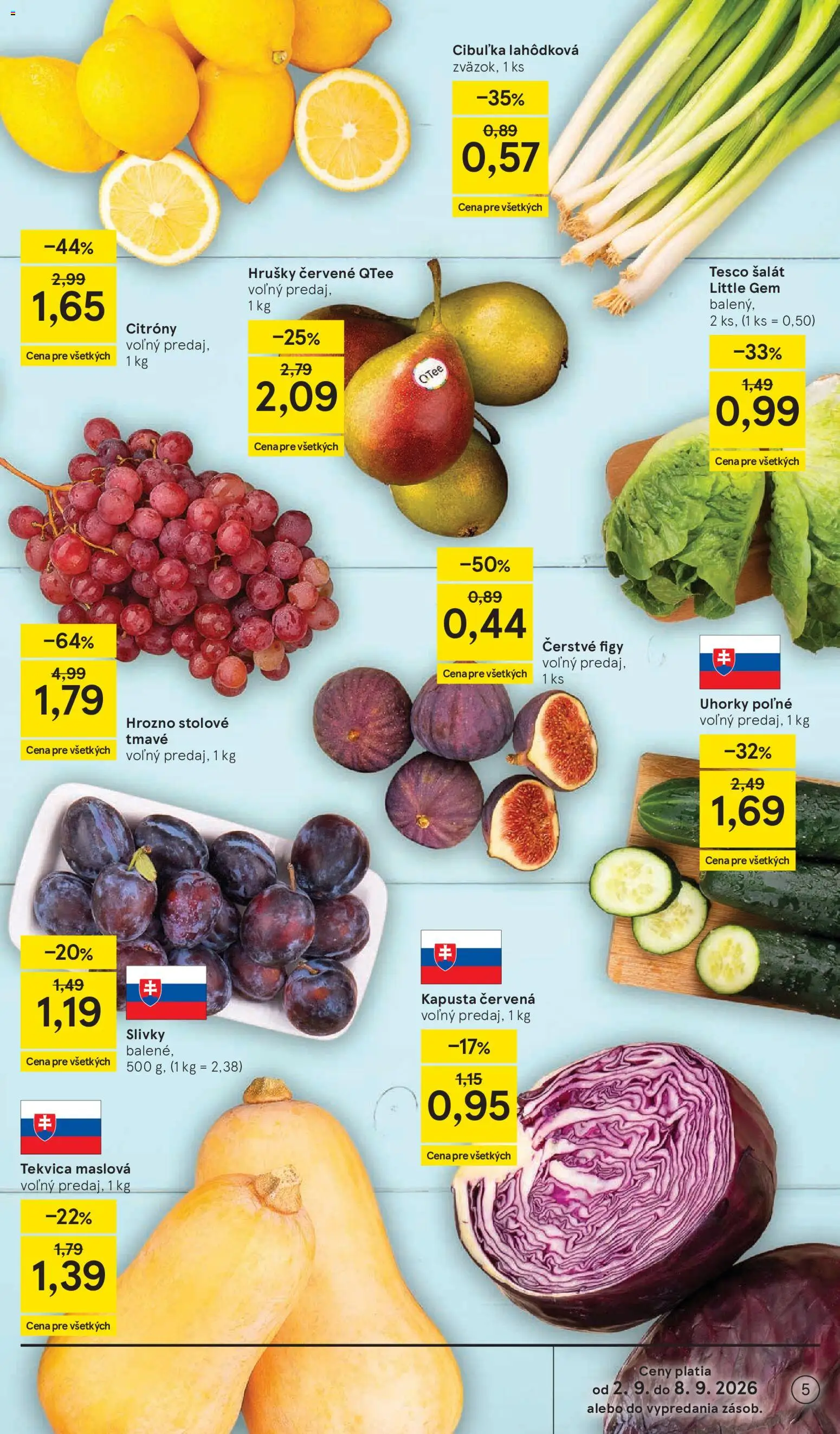 Nové Tesco akcie – leták je platný od 02.09.2026 | Strana: 5 | Produkty: Kapusta, Citróny, Uhorky, Hrozno