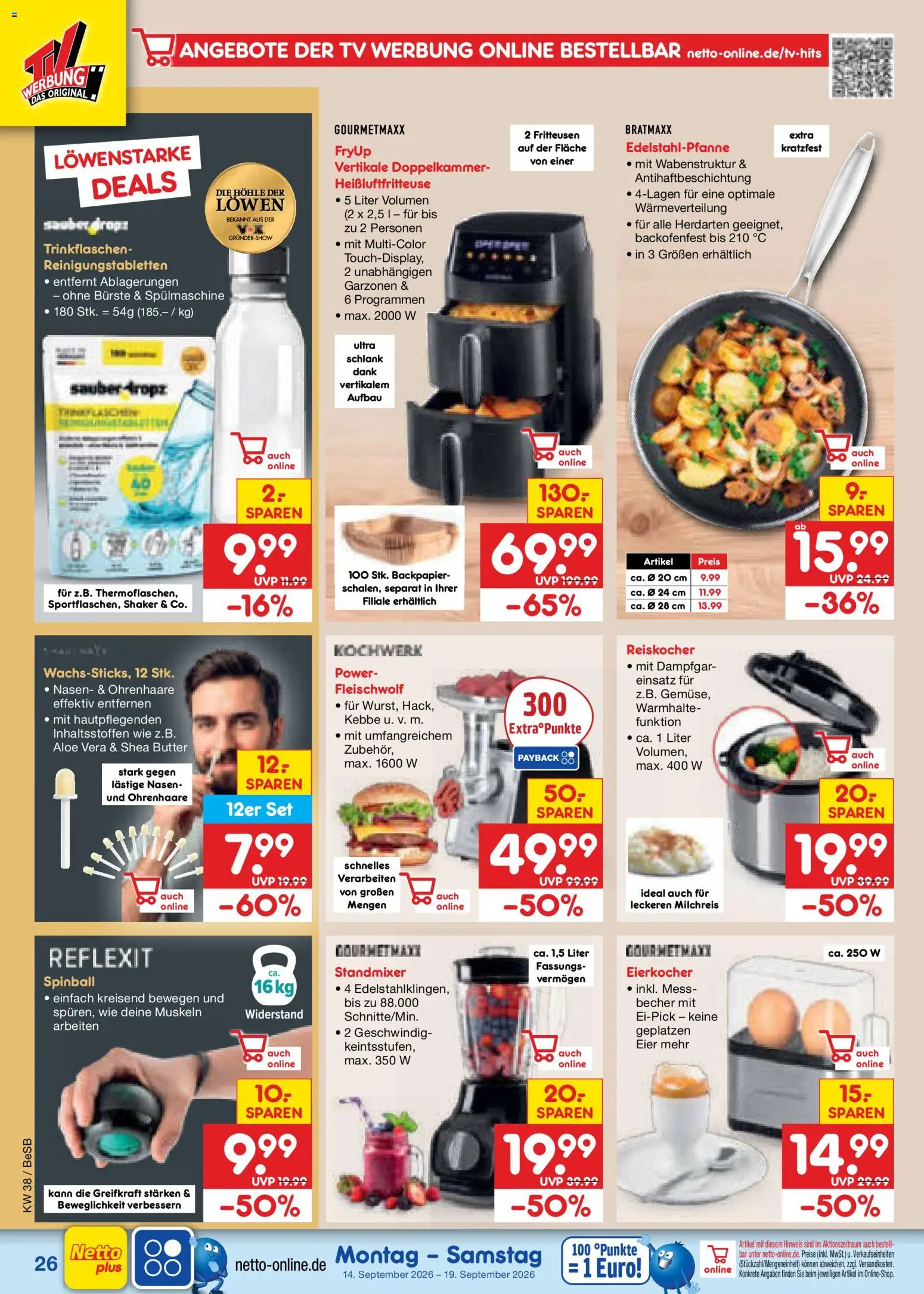 Netto Marken-Discount Prospekt – gültig ab 14.09.2026 | Seite: 38 | Produkte: Butter, Eierkocher, Heißluftfritteuse, TV