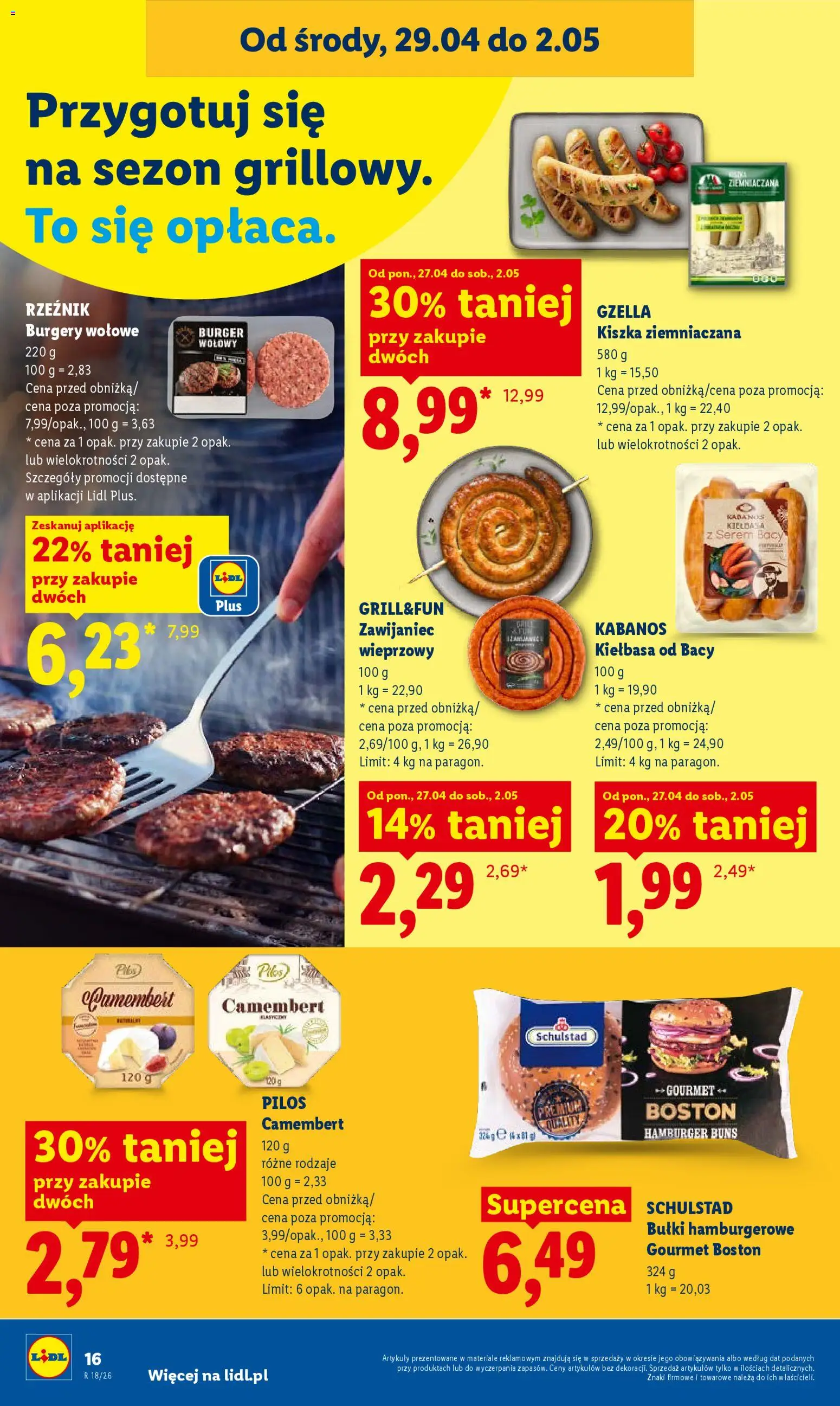 Lidl gazetka od 29.04.2026 | Strona: 16 | Produkty: Kiełbasa, Hamburger, Kiszka ziemniaczana, Burgery wolowe