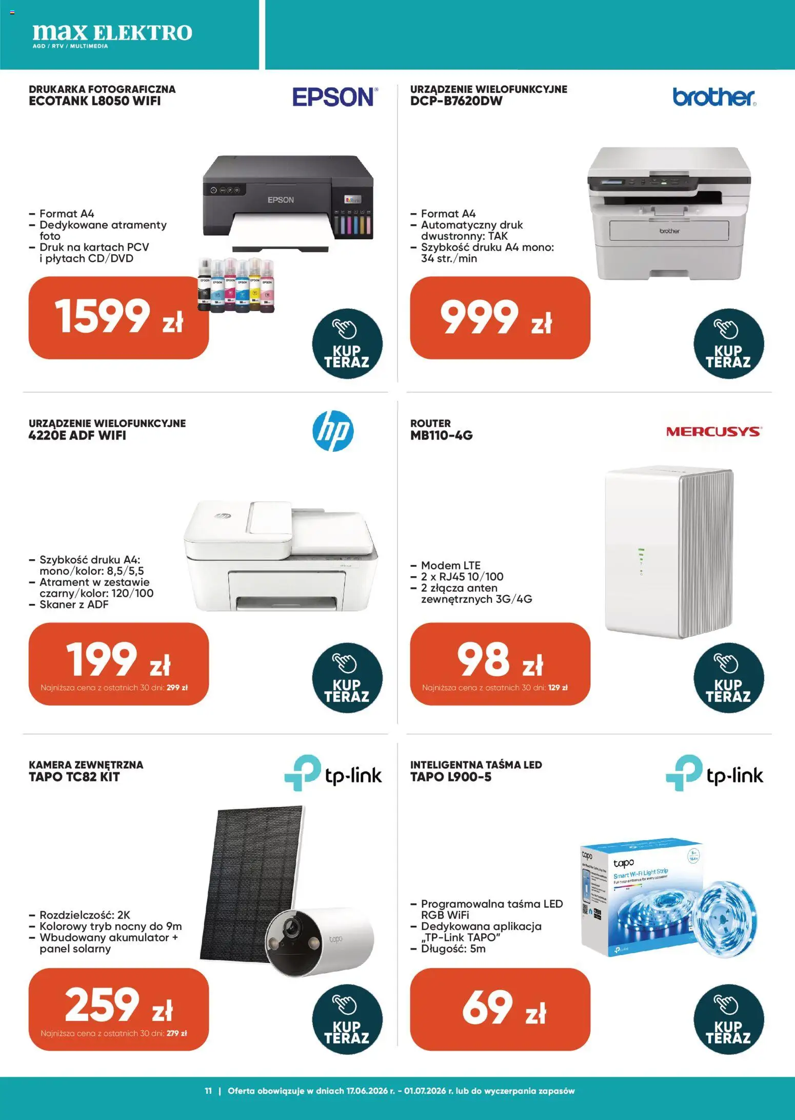 Max elektro gazetka od 17.06.2026 | Strona: 11 | Produkty: Drukarka, Skaner, Router, Taśma LED