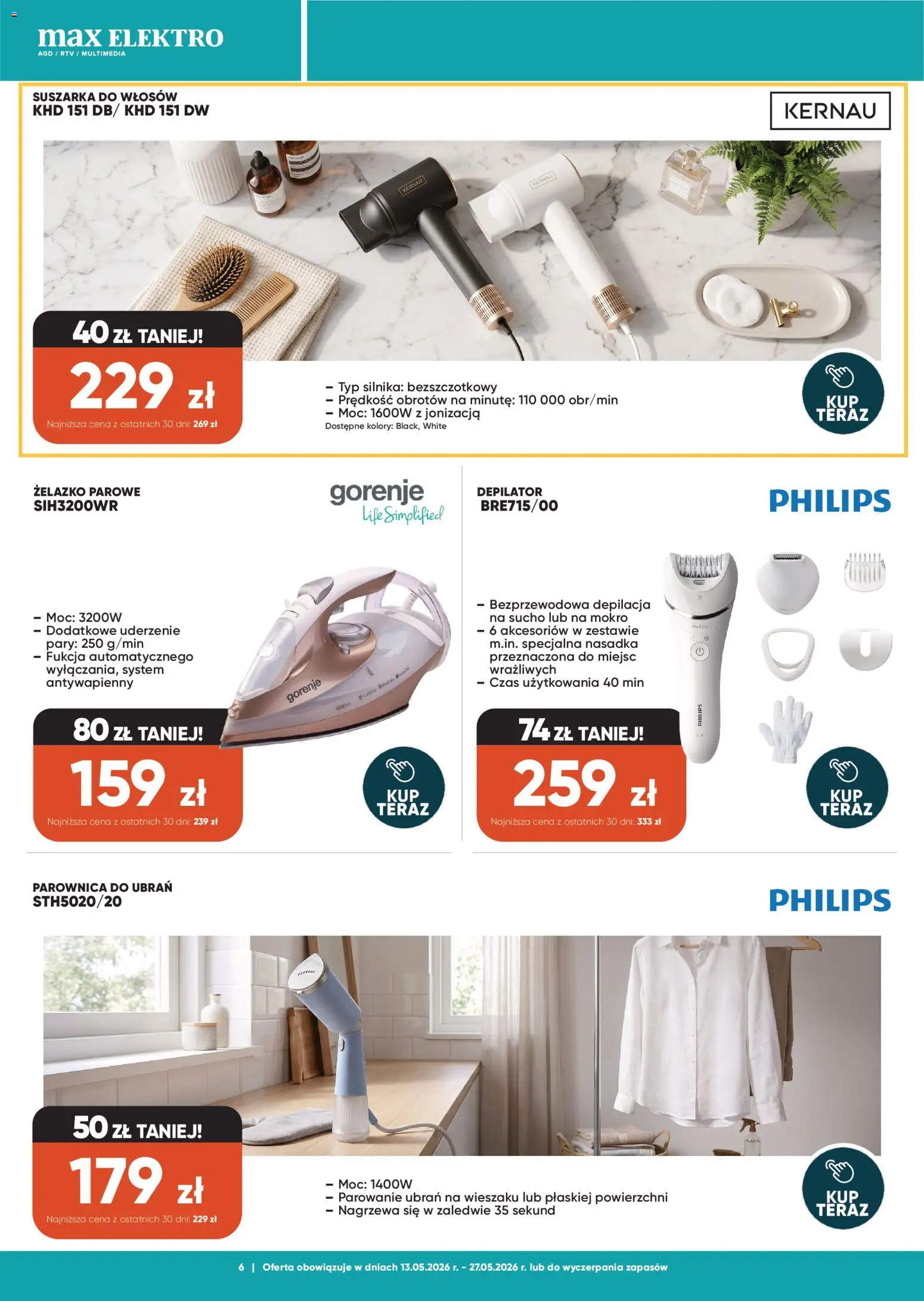 Max elektro gazetka od 13.05.2026 | Strona: 6 | Produkty: Suszarka, Depilator, Suszarka do włosów, Parownica