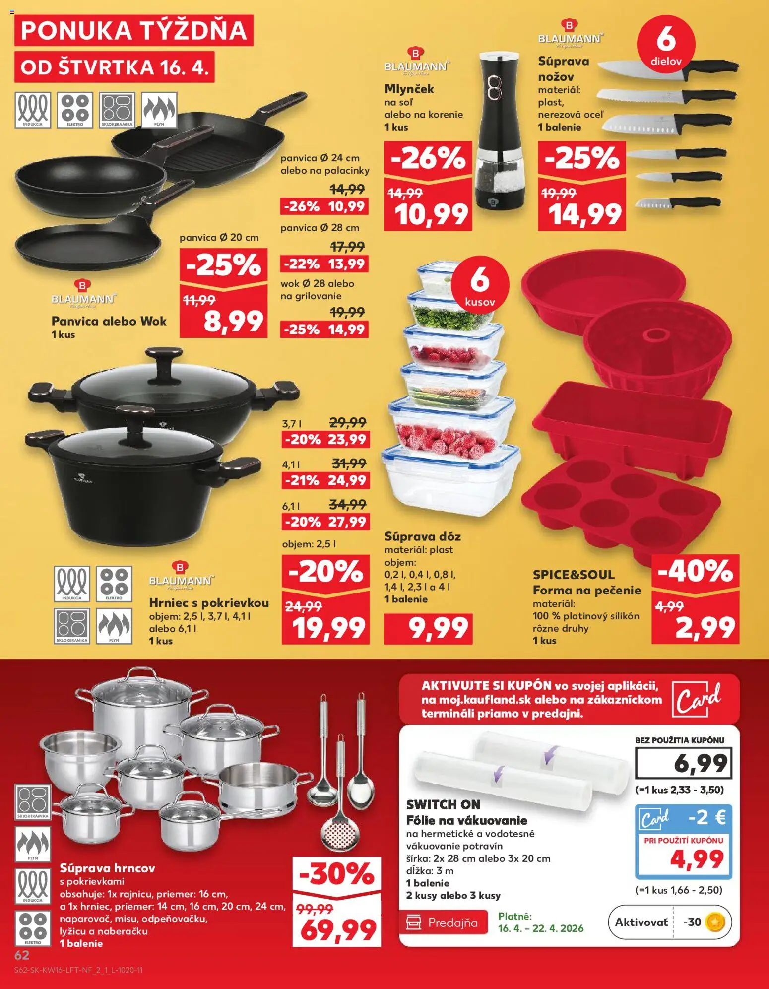 Nové Kaufland akcie – leták je platný od 16.04.2026 | Strana: 62 | Produkty: Indukcia, Panvica, Korenie, Mlynček