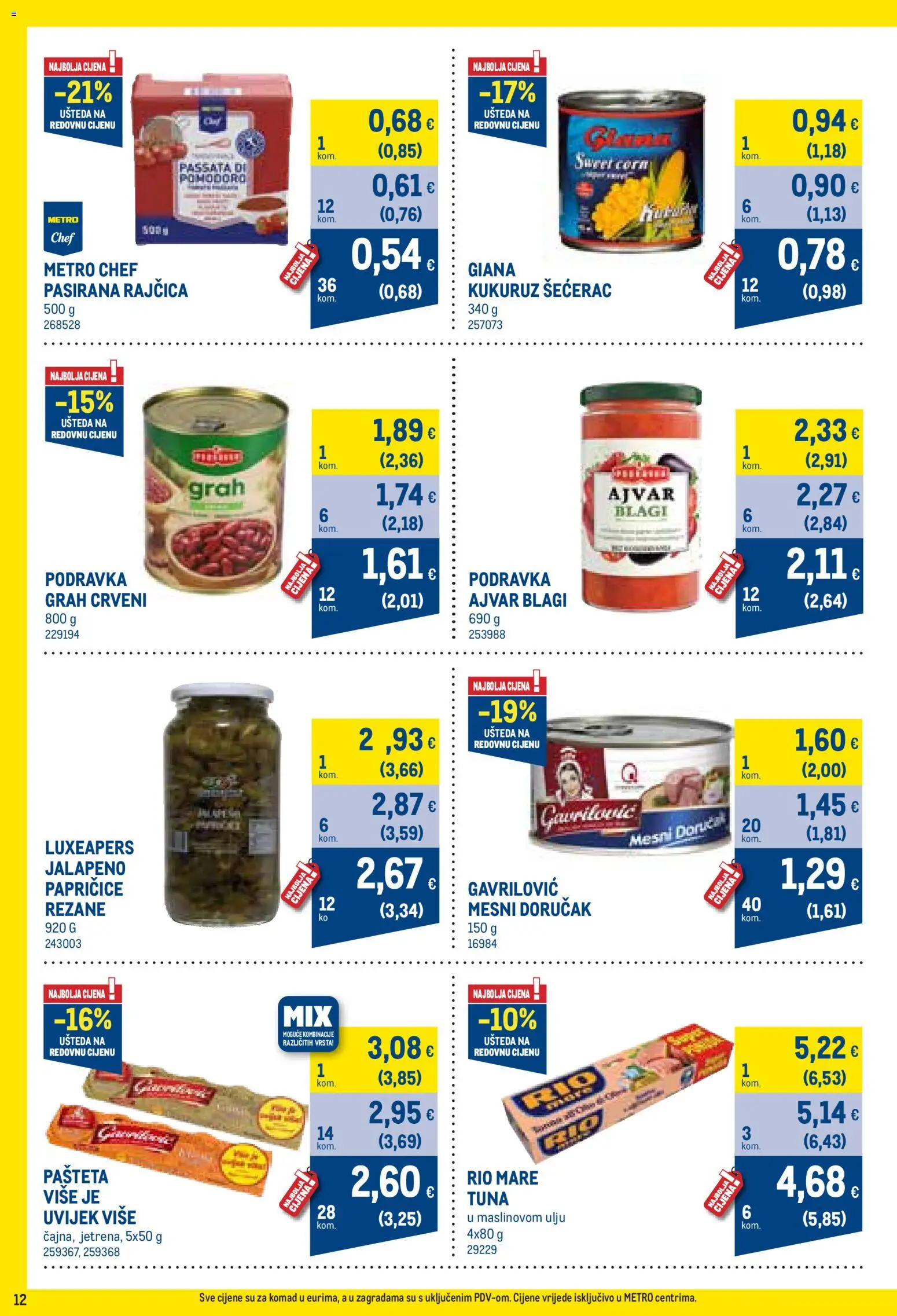 Metro katalog | vrijedi od 03.08.2026 | Stranica: 12 | Proizvodi: Pasirana rajčica, Kukuruz, Podravka, Tuna