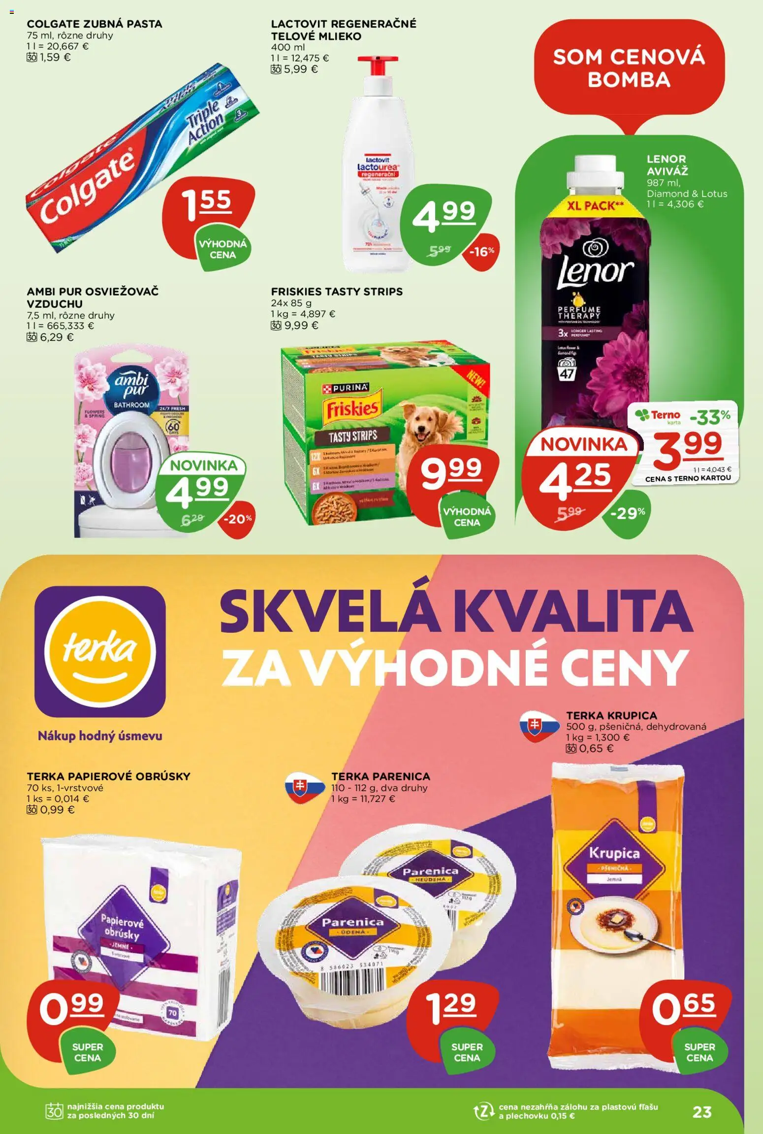 Nové Terno akcie – leták je platný od 22.10.2026 | Strana: 23 | Produkty: Lotus, Telové mlieko, Krupica, Lenor