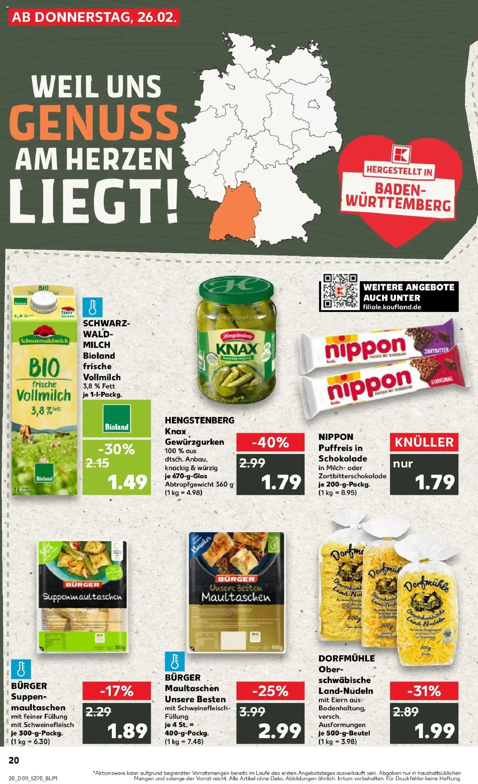 Kaufland prospekt Pfullingen	 – gültig ab 26.02.2026 | Seite: 20 | Produkte: Milch, Schokolade, Burger, Maultaschen