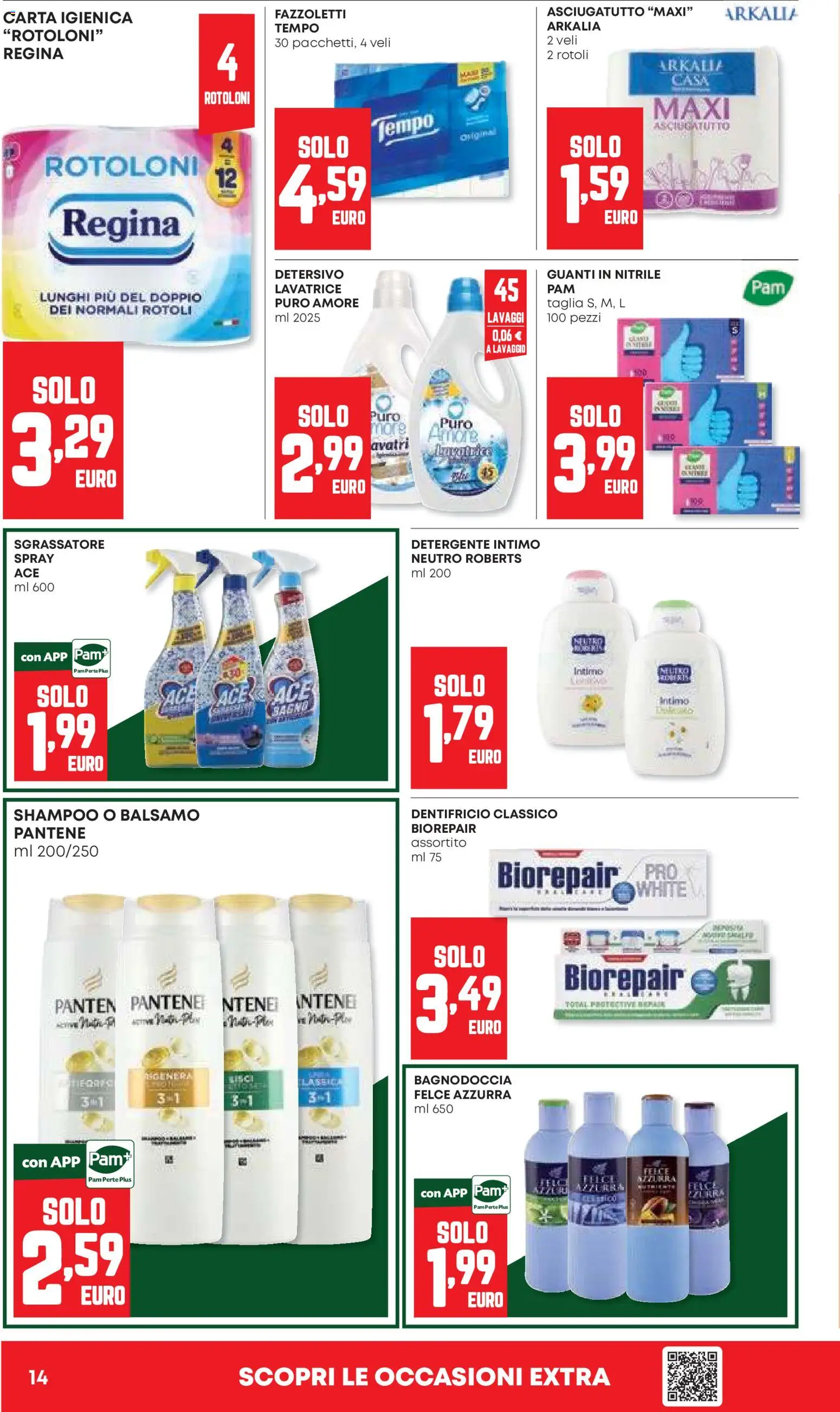 Volantino PAM del 08/10/2026 | Pagina: 14 | Prodotti: Carta igienica, Fazzoletti, Guanti, Bagno