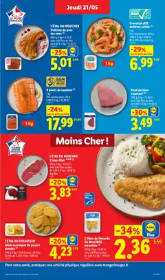 LIDL - Prévisualisation de Crevettes ASC entières cuites, Crevettes ASC entières cuites 1 kg Prix normal pour 500 g: 4,99 € (1 kg = 9,98 €) 80 à 100 pièces par kg valide à partir de 21.05.2026 | Page: 7