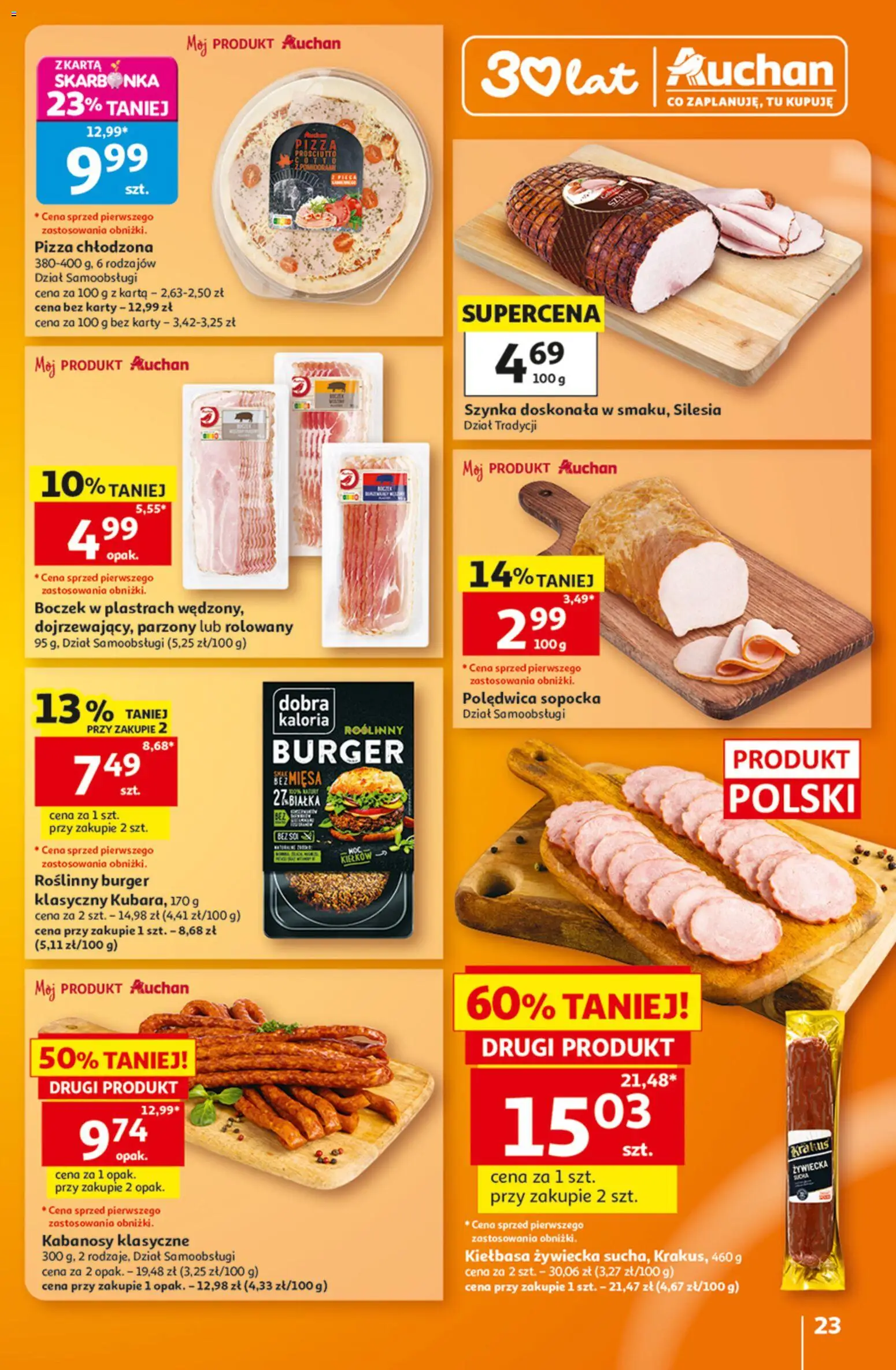 Auchan gazetka - 30 Lat Hipermarket od 06.08.2026 | Strona: 23 | Produkty: Kiełbasa, Karta, Szynka, Pizza