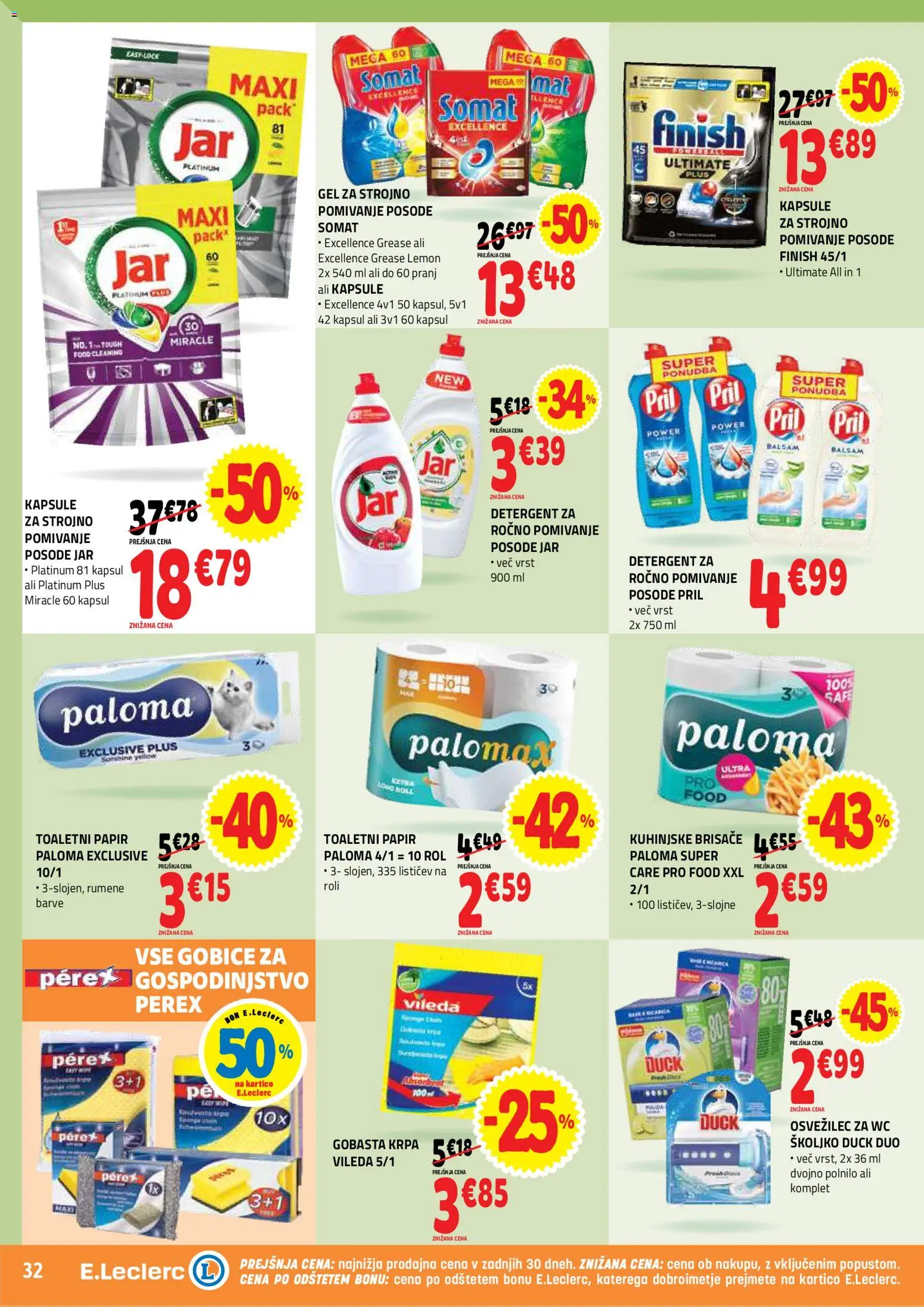 Novi E.leclerc katalog ponudbe – veljaven od 13.05.2026 | Stran: 32 | Izdelki: Toaletni papir, Kuhinjske brisače, Detergent, Gobice