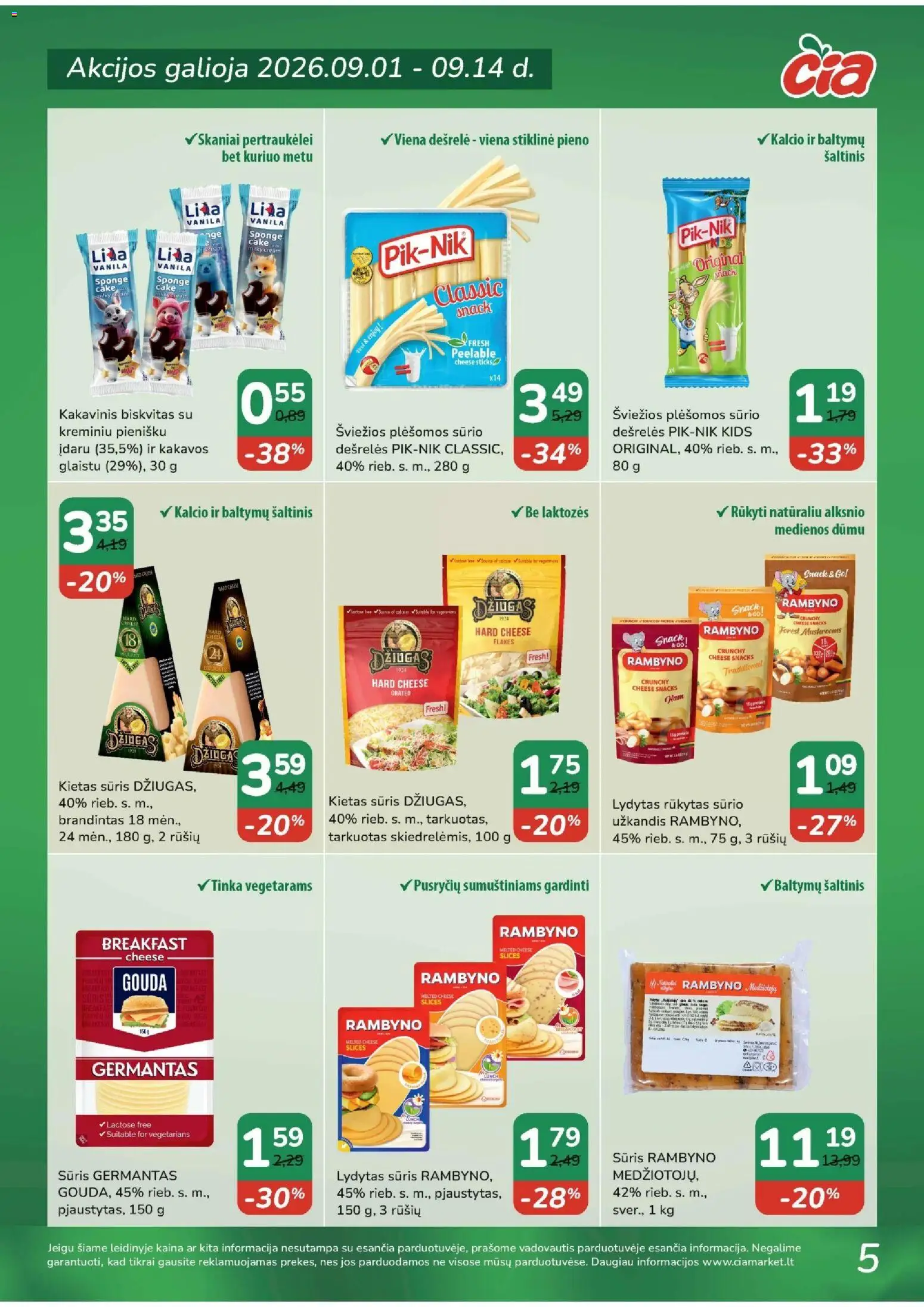 ČIA MARKET akcijos nuo 2026.09.01 | Puslapis: 5 | Prekių: Dešrelės, Sūris, Lydytas sūris
