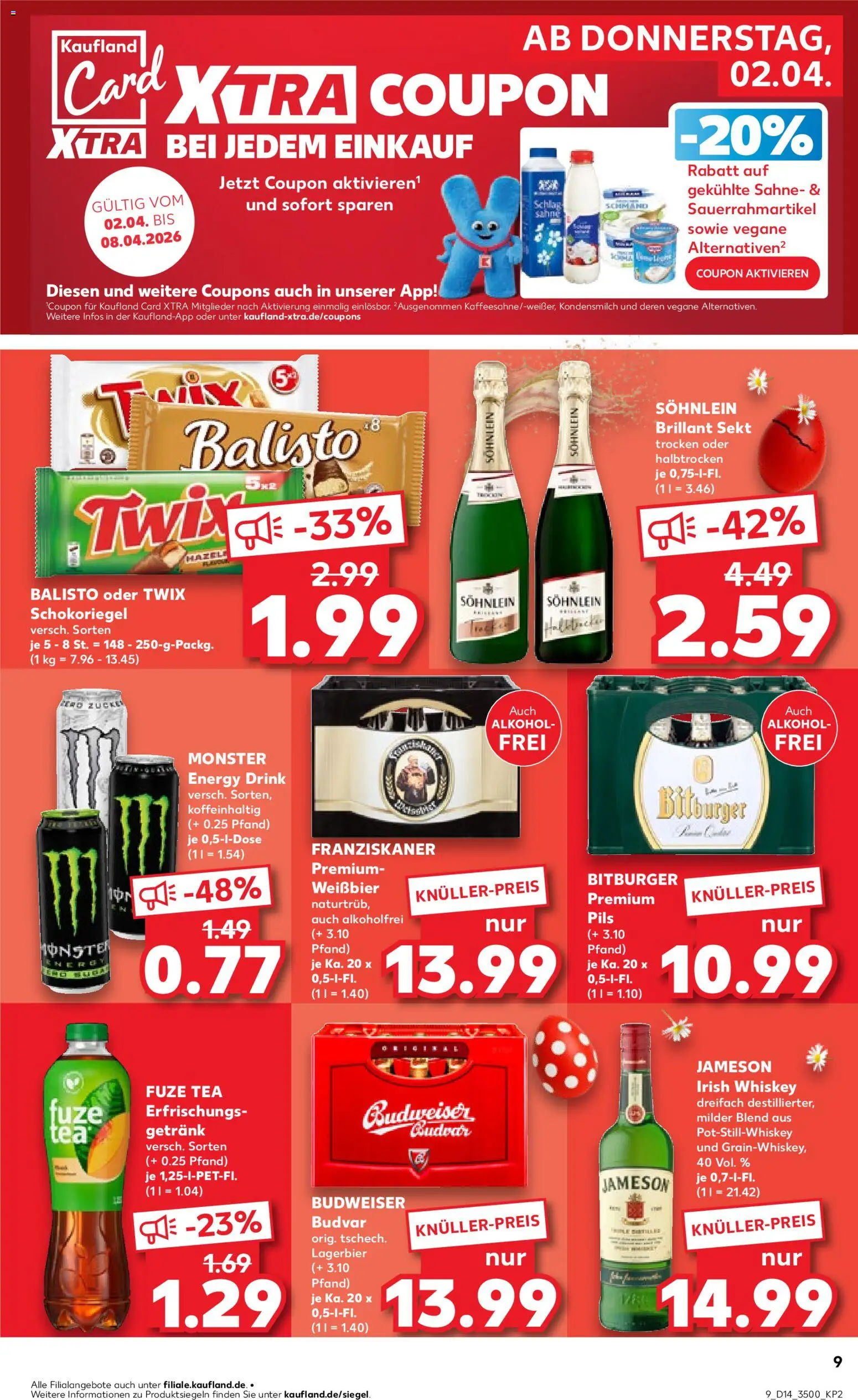Kaufland Prospekt Rostock	 – gültig ab 02.04.2026 | Seite: 9 | Produkte: Bitburger, Franziskaner, Fuze tea, Weißbier