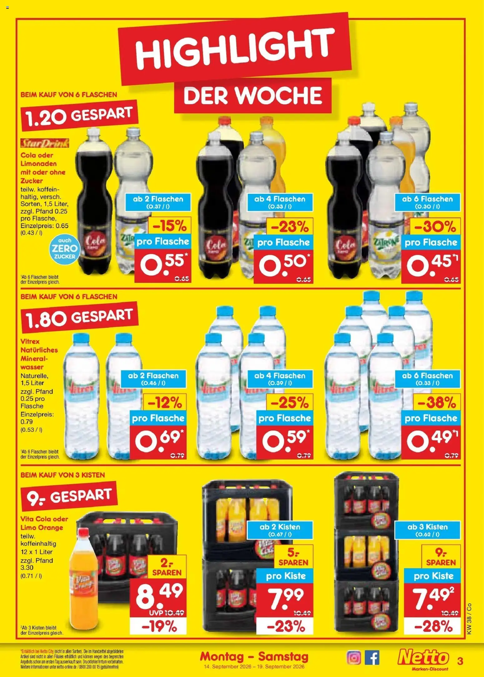 Netto Marken-Discount Prospekt Leipzig – gültig ab 14.09.2026 | Seite: 3 | Produkte: Wasser, Zucker, Zitrone, Vita cola