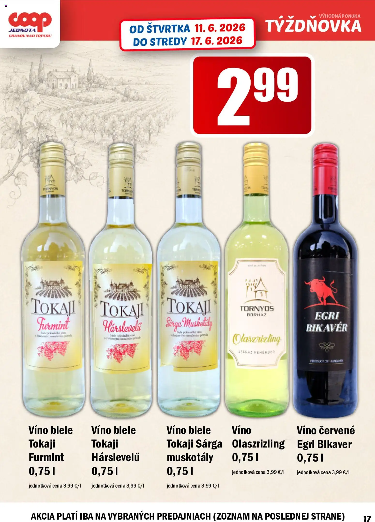 Nové COOP Jednota akcie – leták je platný od 11.06.2026 | Strana: 17 | Produkty: Biele víno, Víno